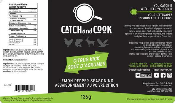Catch and Cook Citrus Kick lemon pepper seasoning packaging, 136g, black and green label