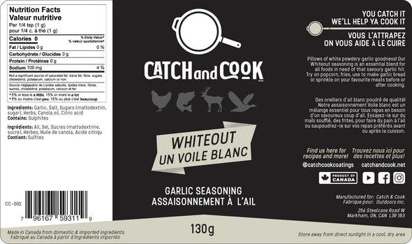 Catch and Cook Whiteout garlic seasoning label, 130g, black background, nutrition facts visible.