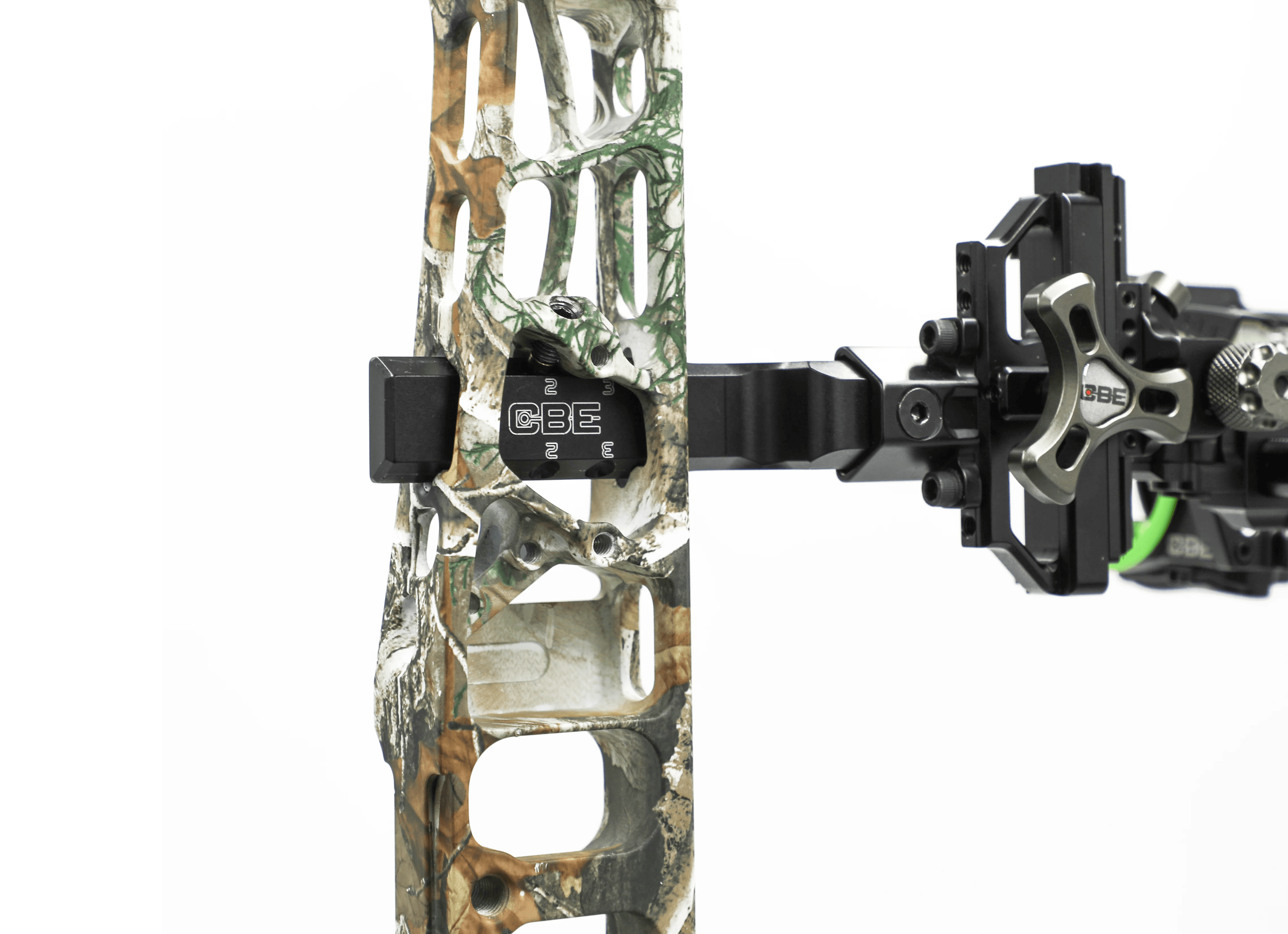 CBE Bridge-Lock bar mounted on a camo compound bow riser, close-up view