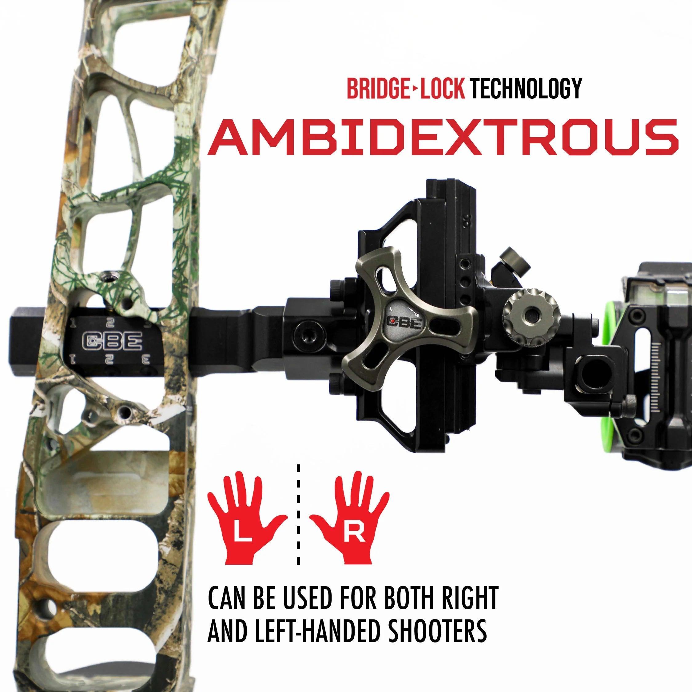 CBE Bridge-Lock technology ambidextrous sight for bows, shown on camo riser, for both hands