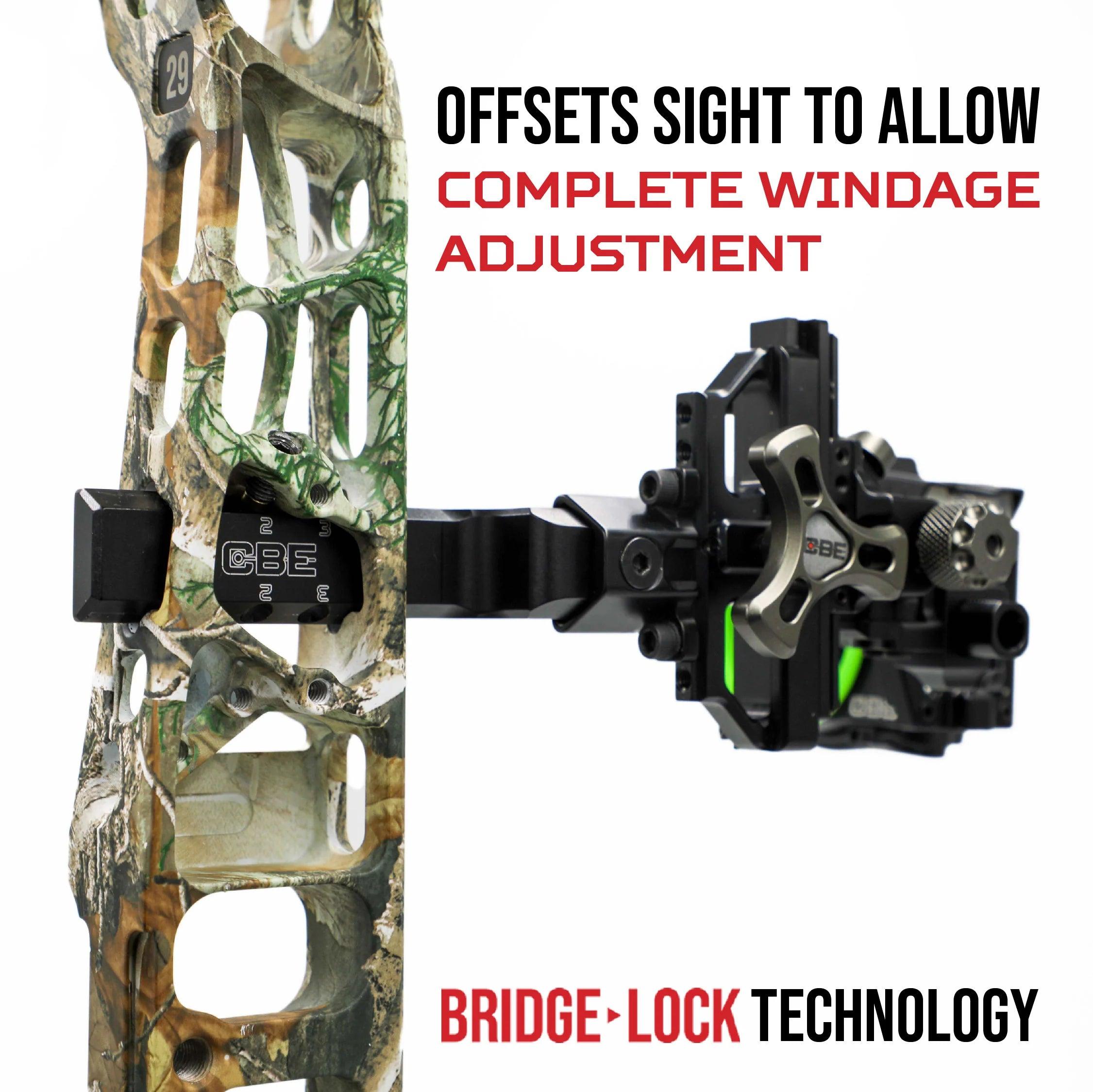 Camo compound bow with CBE Bridge-Lock sight for complete windage adjustment