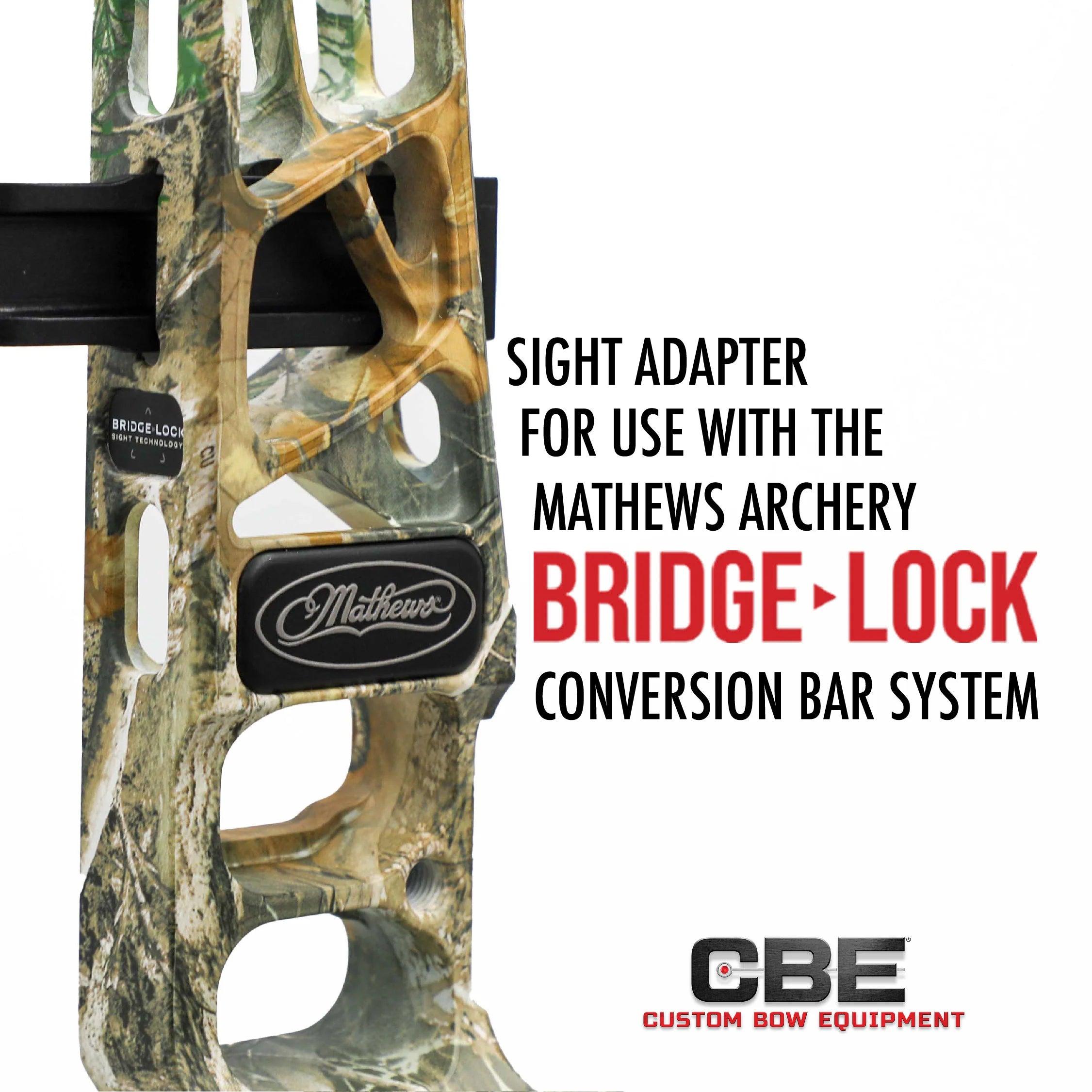 Mathews archery bow with Bridge-Lock sight adapter, CBE Custom Bow Equipment branding.