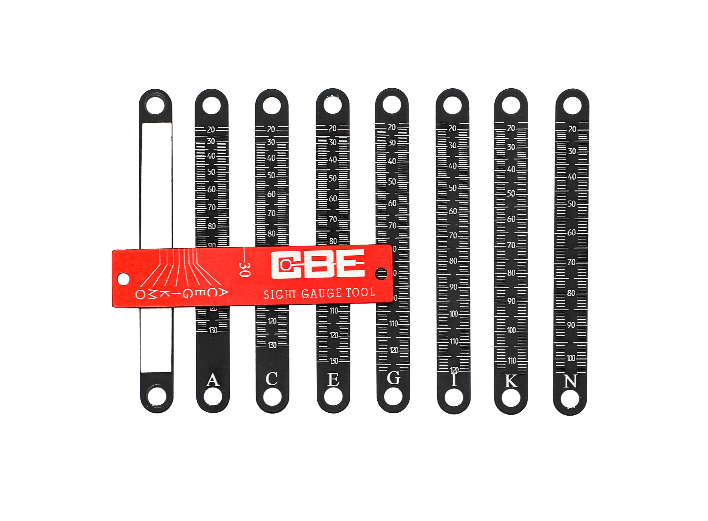 CBE sight gauge tool with labeled measuring scales A, C, E, G, I, K, N on black background