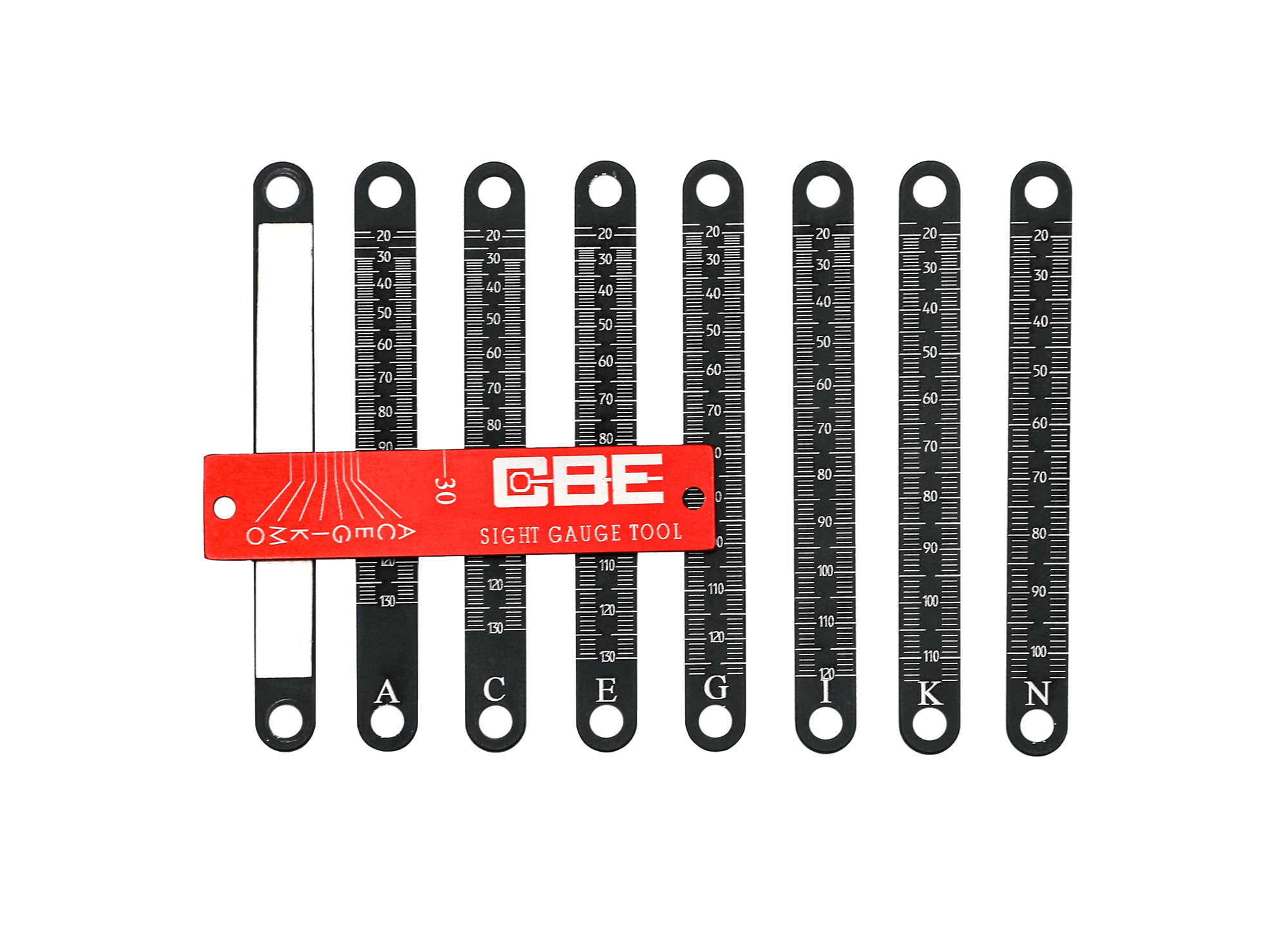 CBE sight gauge tool with labeled measuring scales A, C, E, G, I, K, N on black background