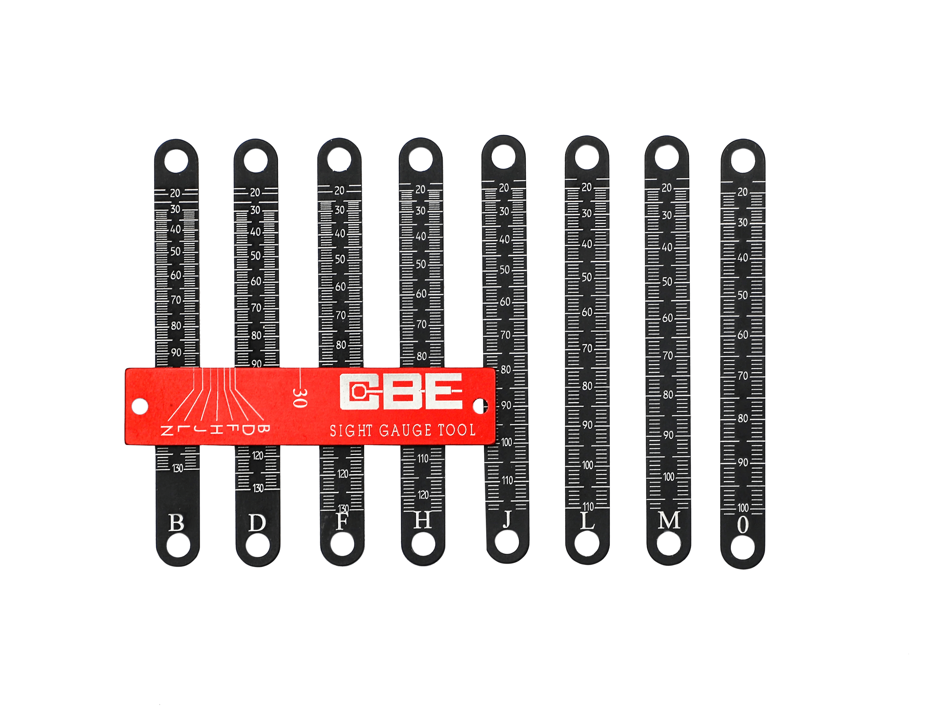 CBE sight gauge tool with labeled measuring scales B, D, F, H, J, L, M, O on black background
