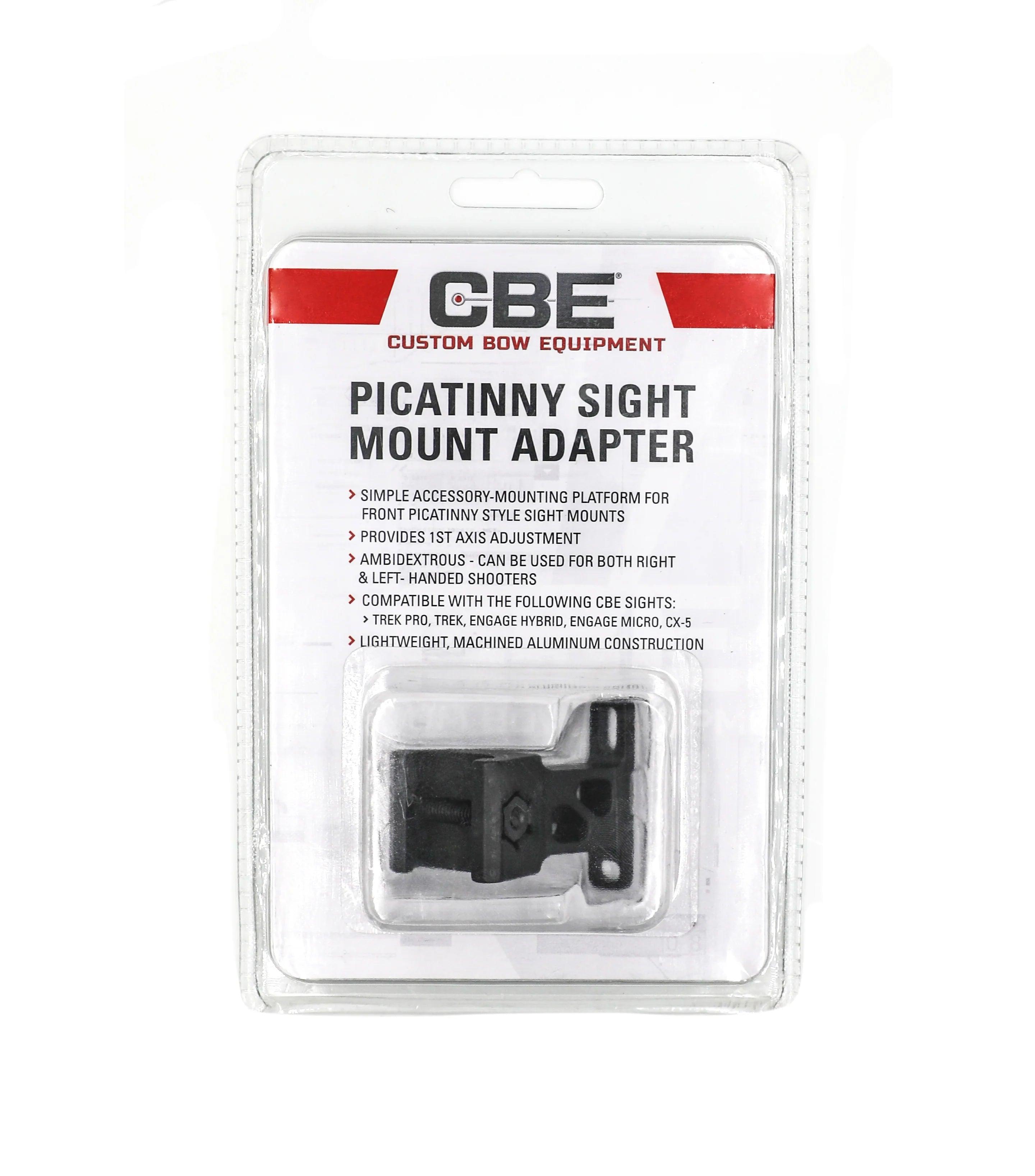 CBE Picatinny sight mount adapter in retail packaging for archery accessory.
