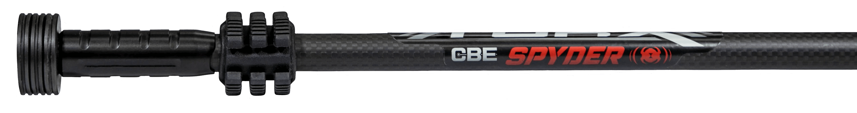 CBE Torx Spyder archery stabilizer with carbon fiber texture and branded logo
