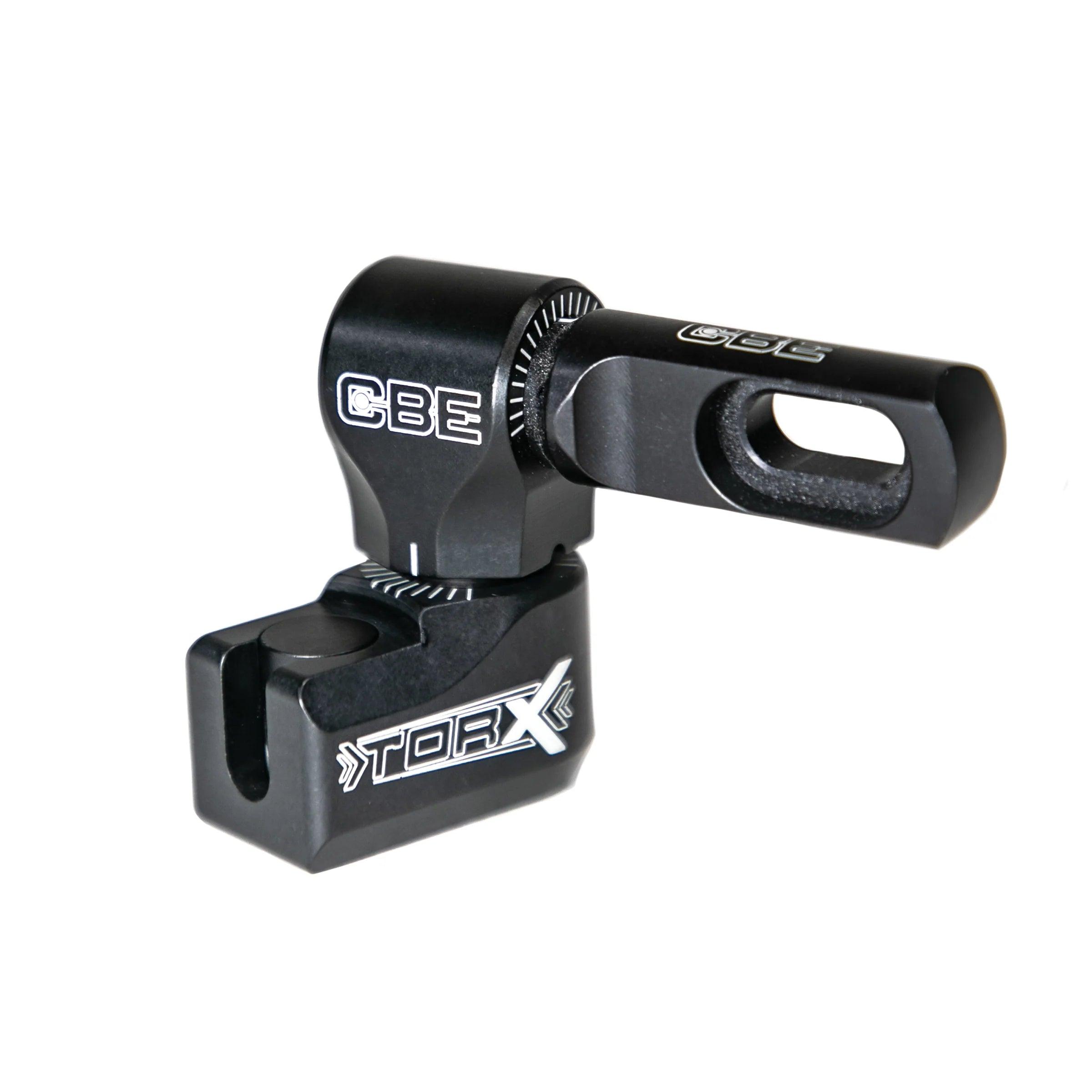 CBE Torx stabilizer mount, black anodized aluminum with logo, isolated on white background