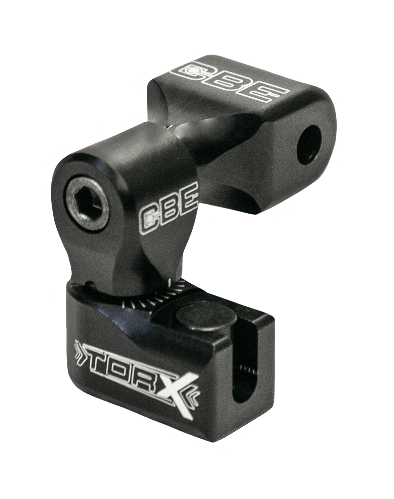 CBE Torx archery stabilizer sidebar mount, black metal accessory with white logo