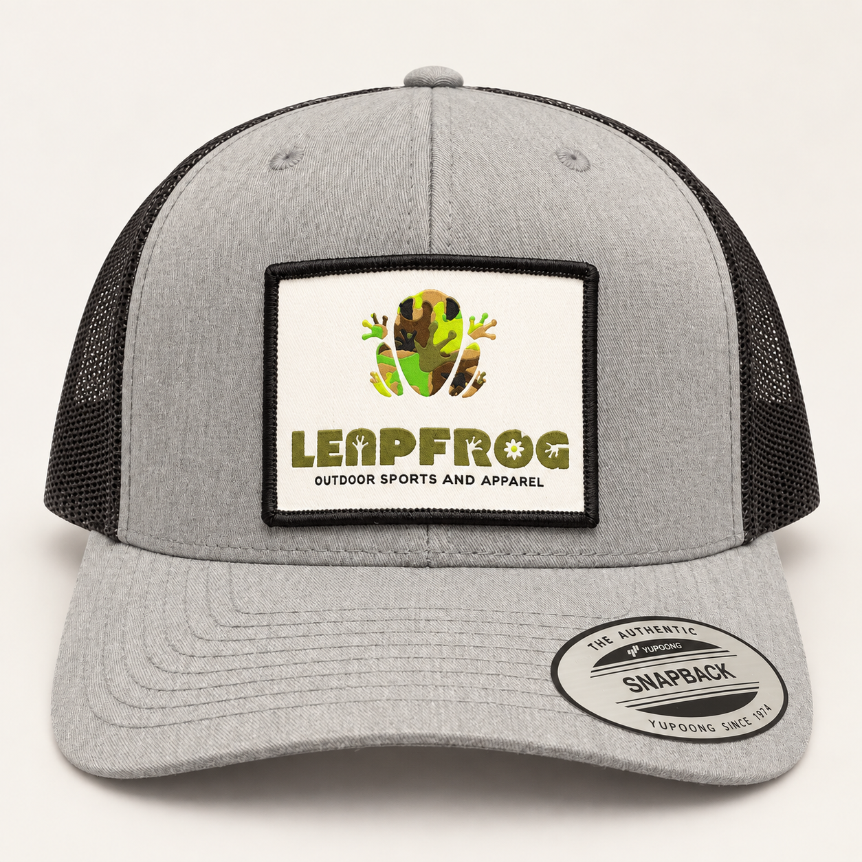 Grey and black Leapfrog Outdoor Sports and Apparel mesh snapback hat with logo patch.