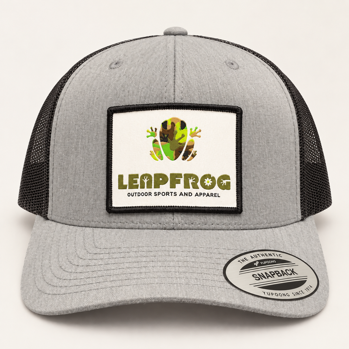 Grey and black Leapfrog Outdoor Sports and Apparel mesh snapback hat with logo patch.
