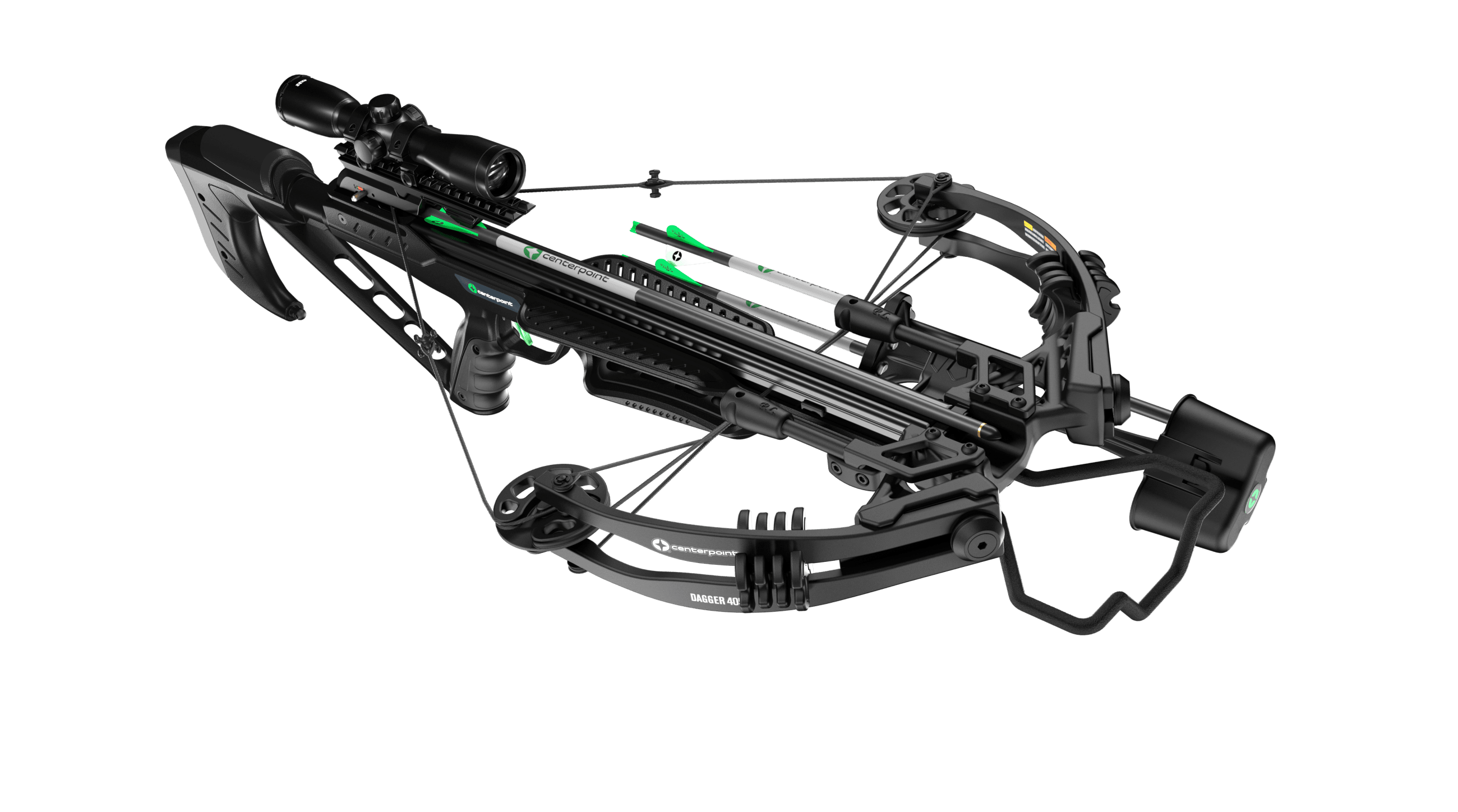 CenterPoint Dagger 405 compound crossbow with scope and bolt, black and green accents
