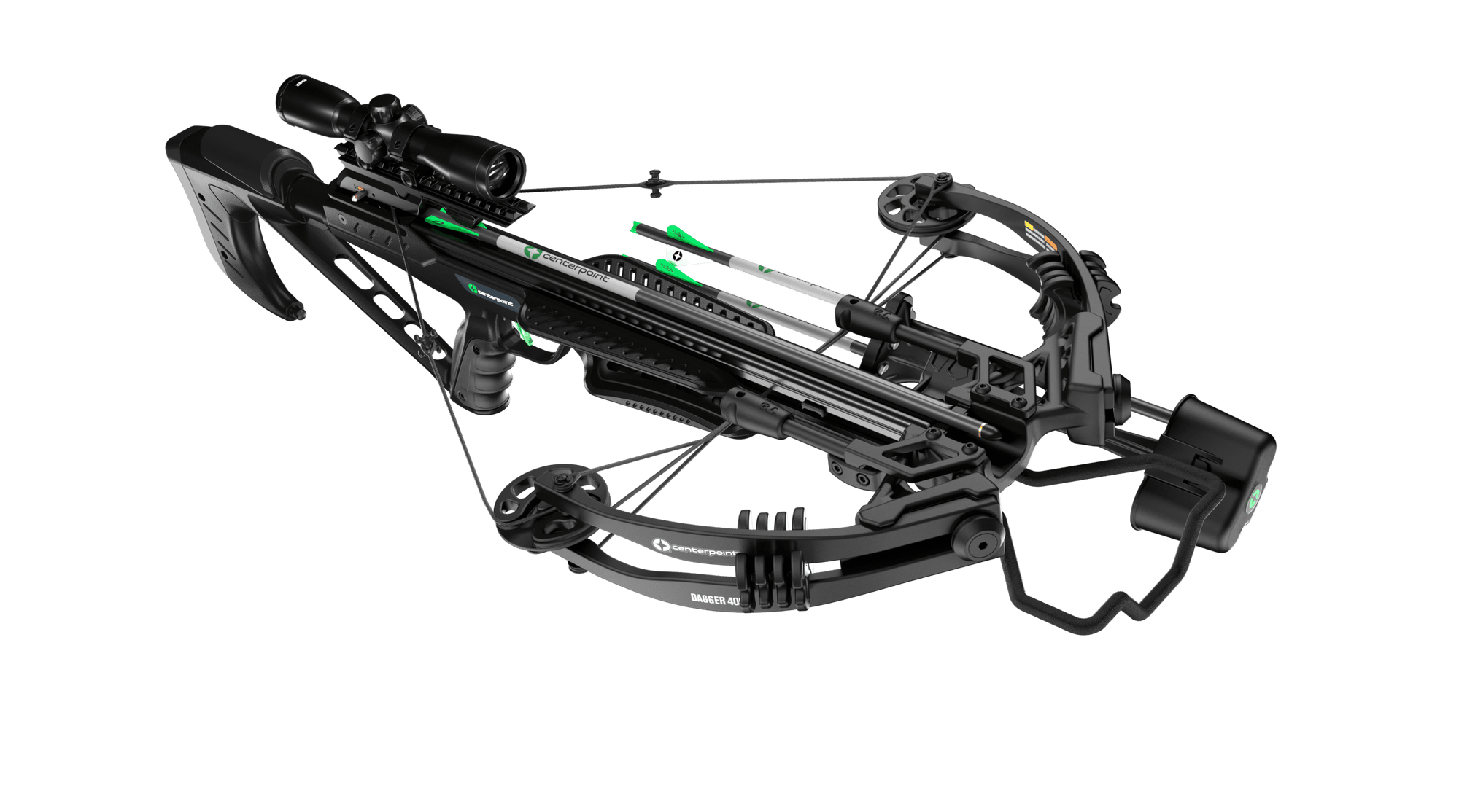 CenterPoint Dagger 405 compound crossbow with scope and bolt, black and green accents