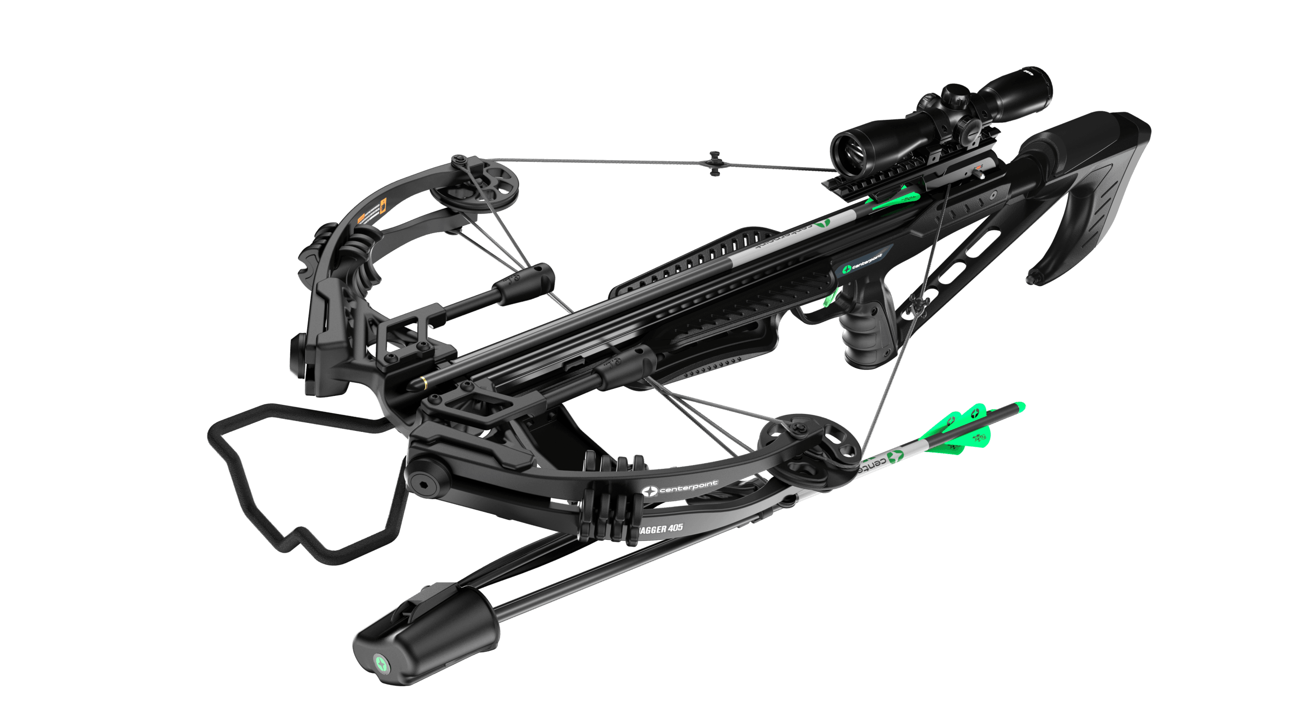 Black CenterPoint Dagger 405 crossbow with mounted scope and arrows on a white background