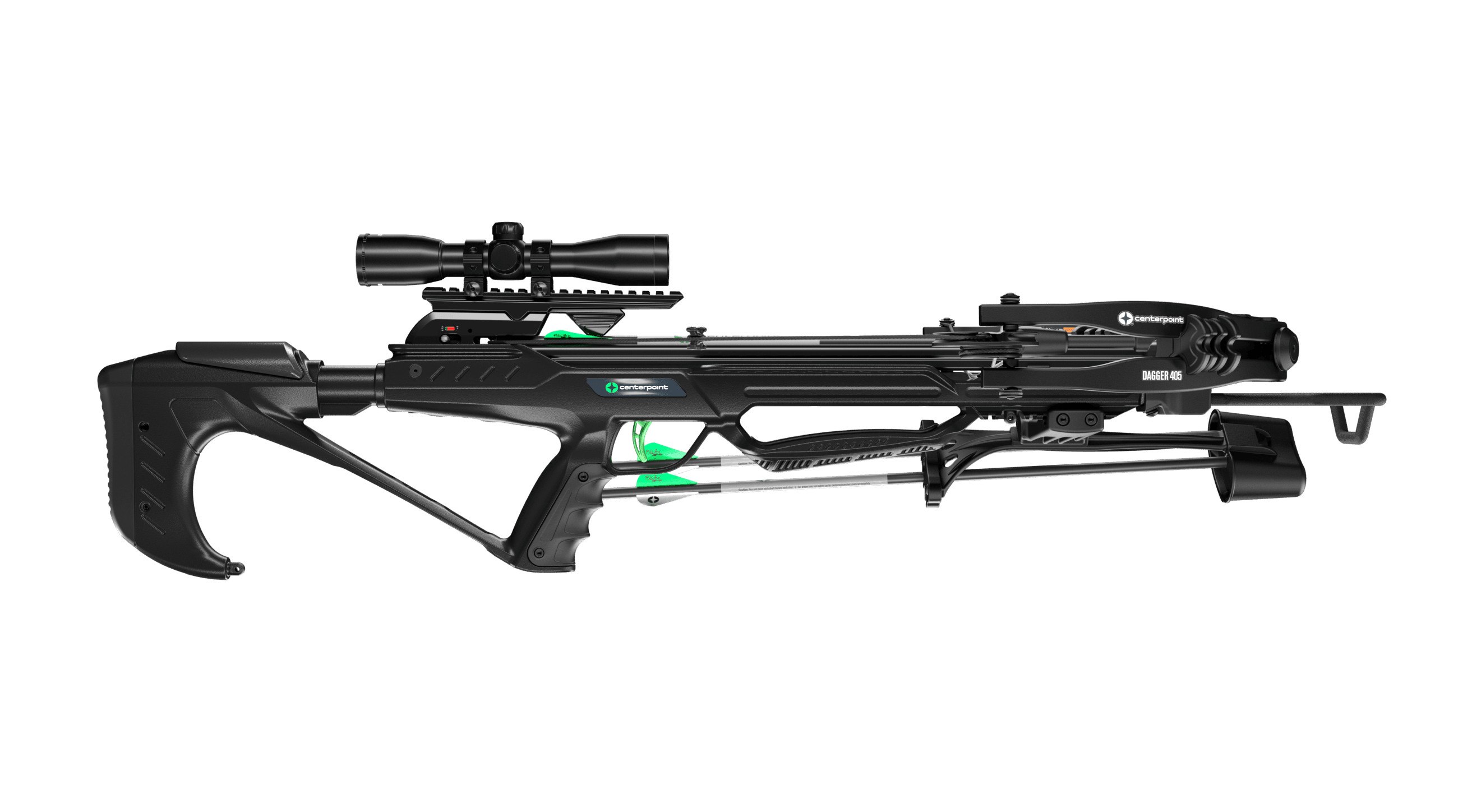 CenterPoint Dagger 405 black compound crossbow with scope and green accents on white background