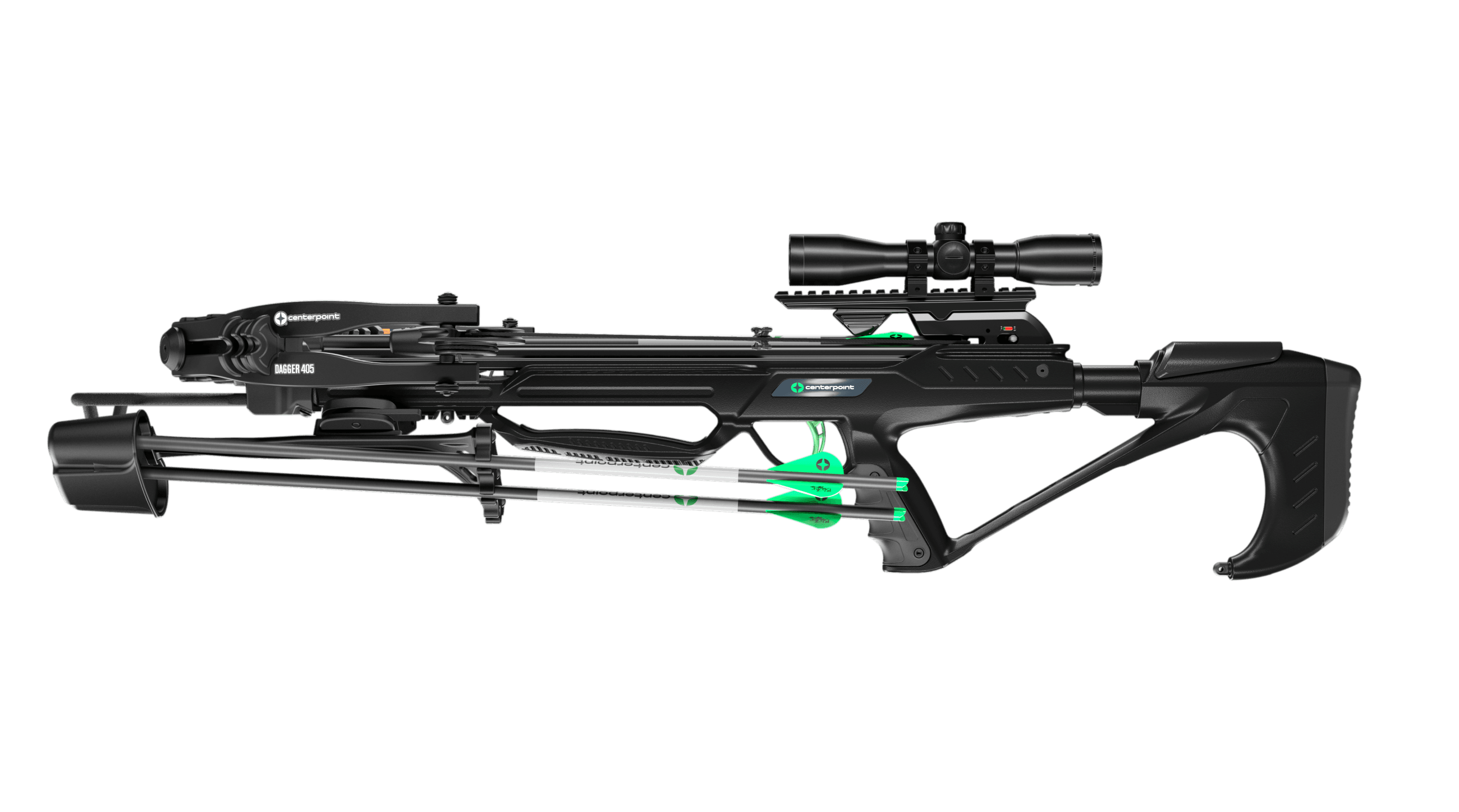 CenterPoint Dagger 405 crossbow with scope and green-accented arrows on black background