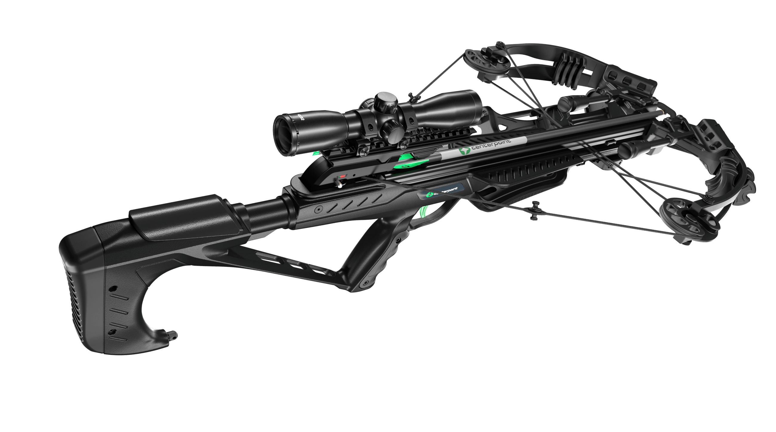 Black CenterPoint crossbow with scope and green accents, modern tactical design