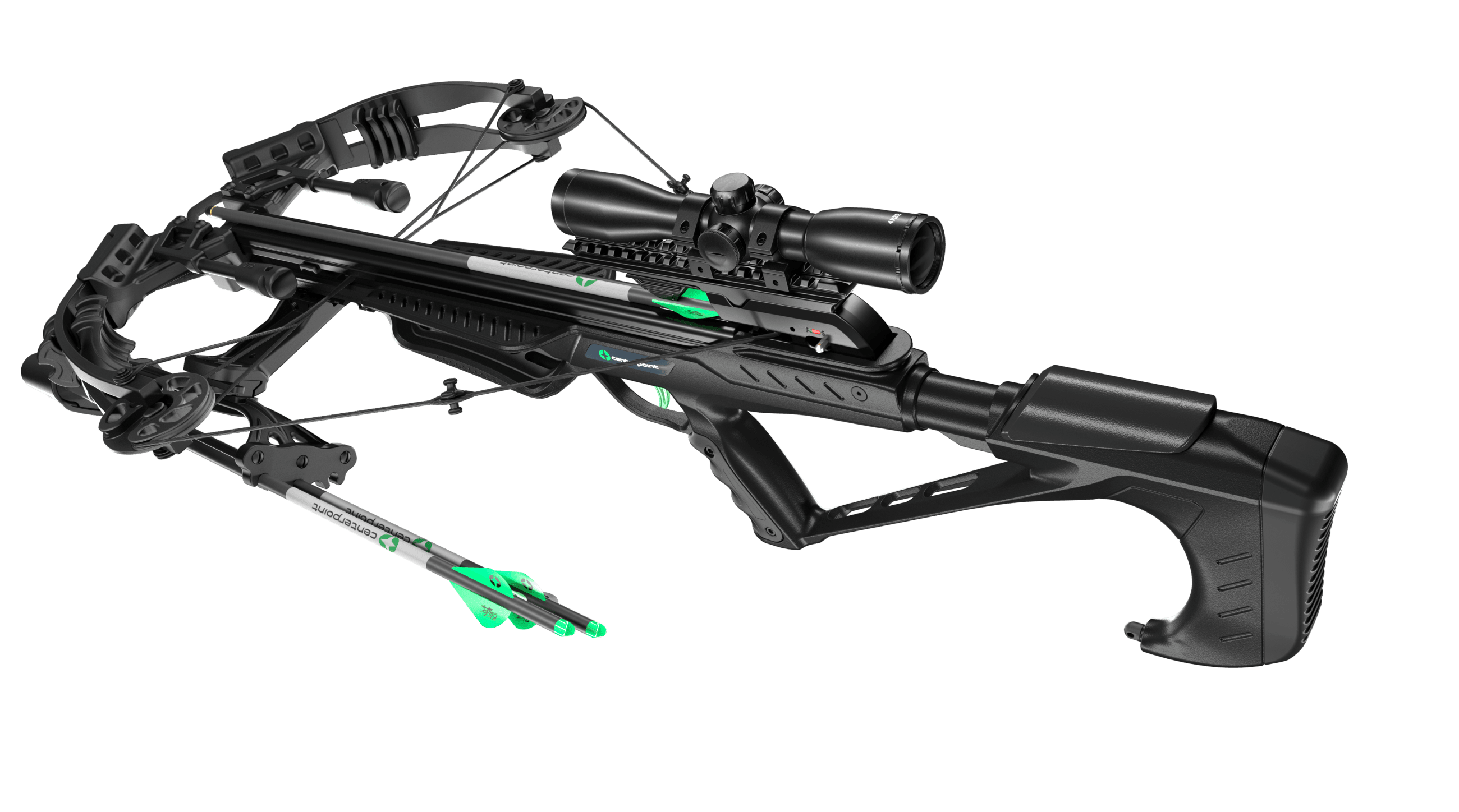 Black tactical crossbow with scope and green-fletched arrow on white background