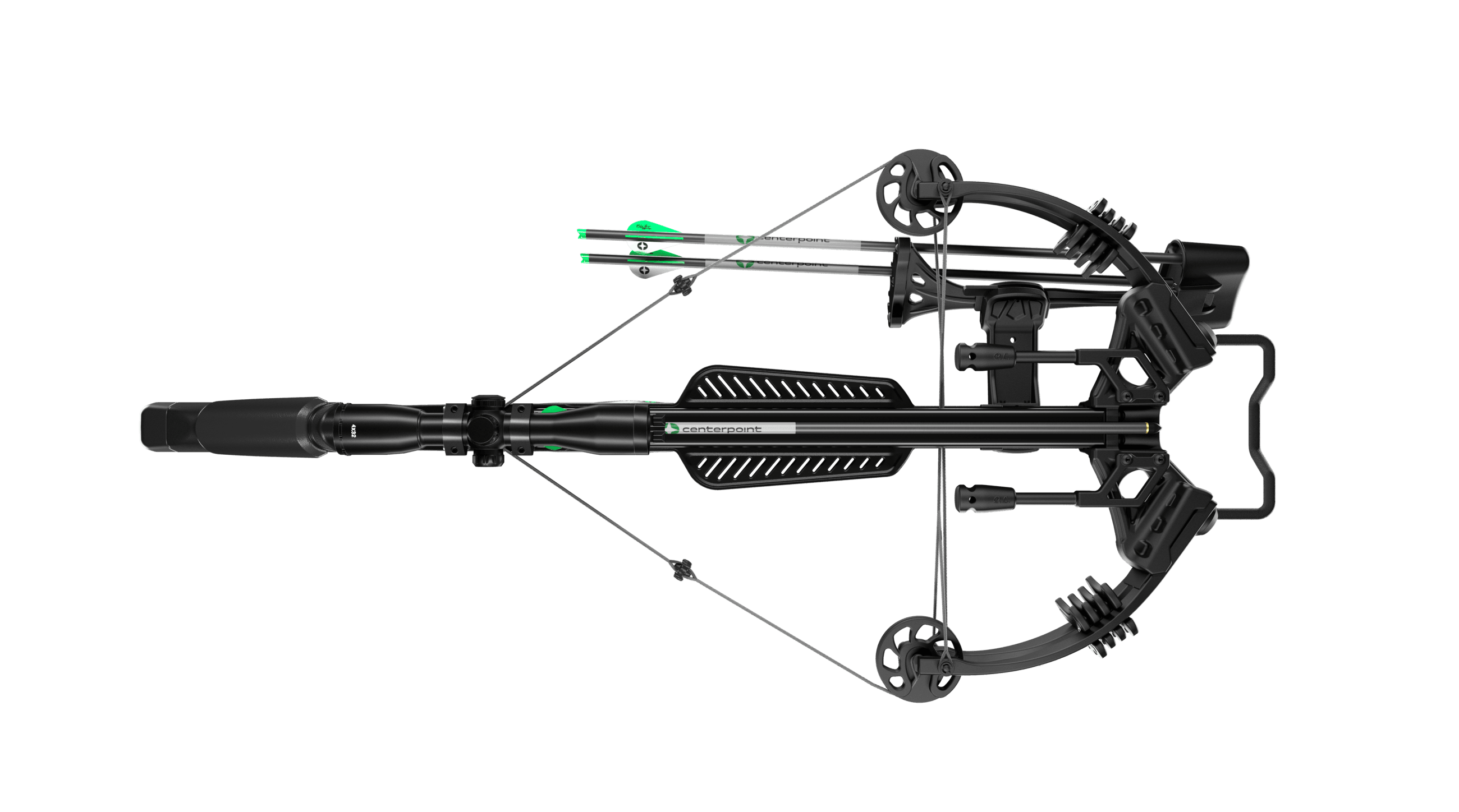 CenterPoint black compound crossbow with mounted scope and green-fletched arrows