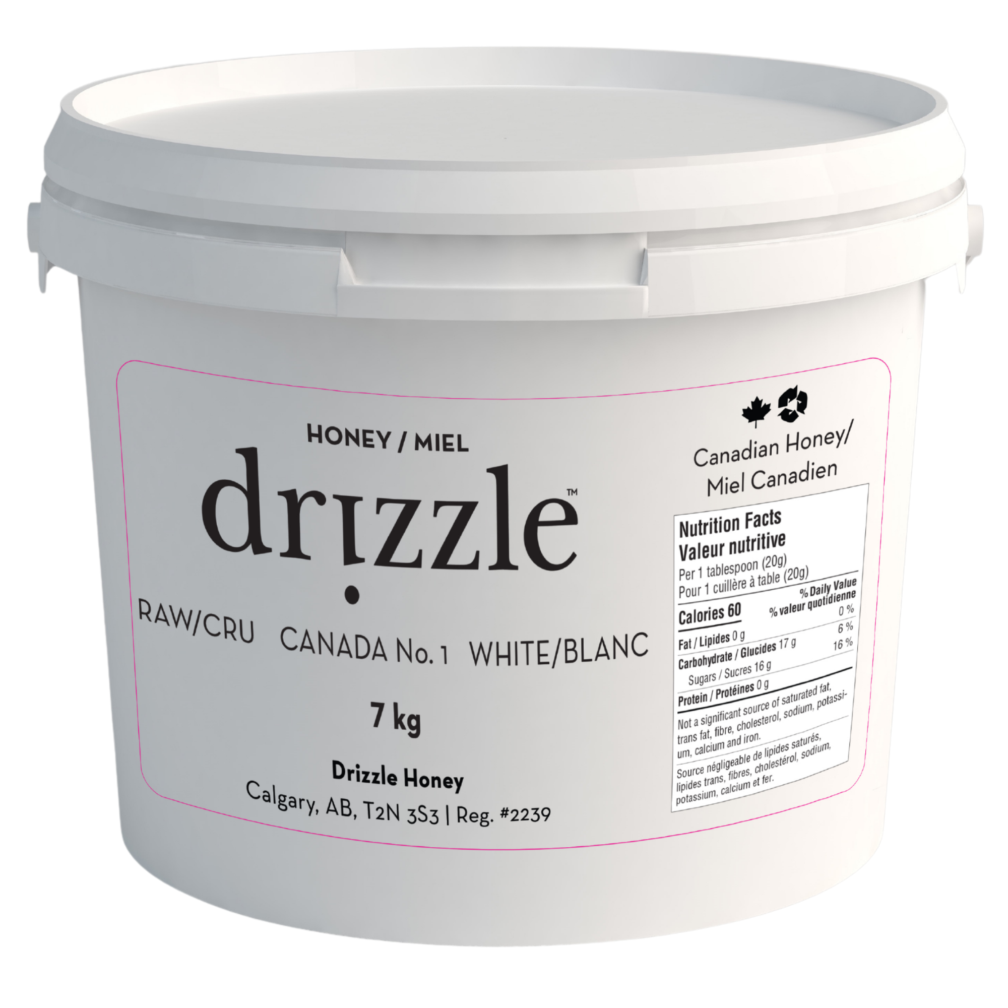 Drizzle White Raw Honey 7 kg bulk pail Canadian-made unfiltered unheated honey
