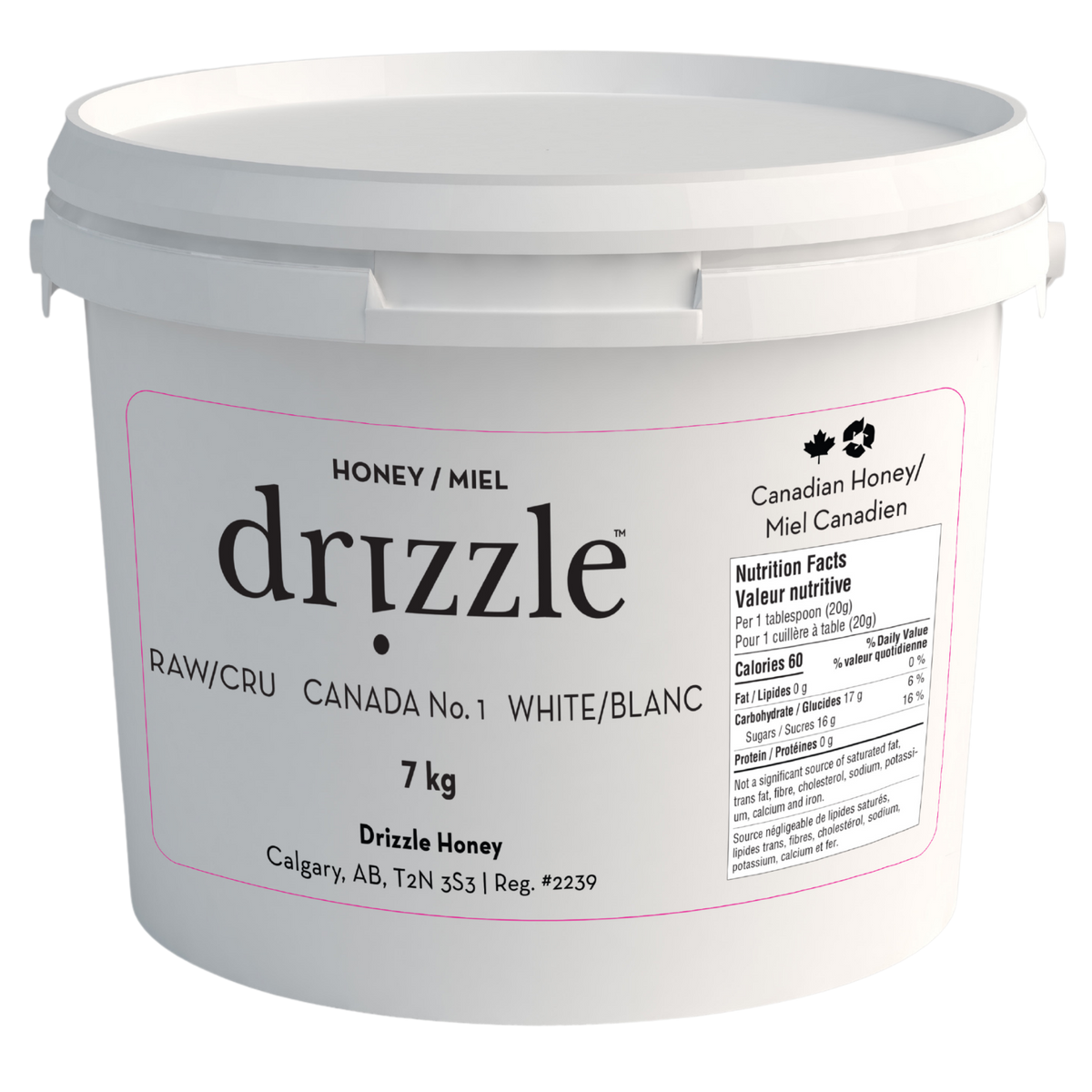 Drizzle White Raw Honey 7 kg bulk pail Canadian-made unfiltered unheated honey