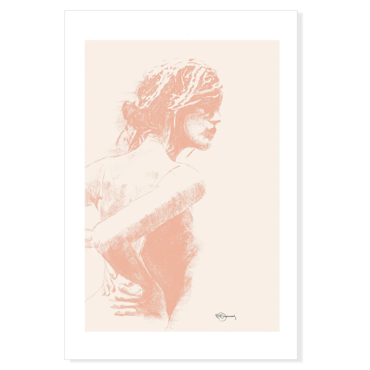 Minimalist art print of woman in side profile, peach tone on cream background