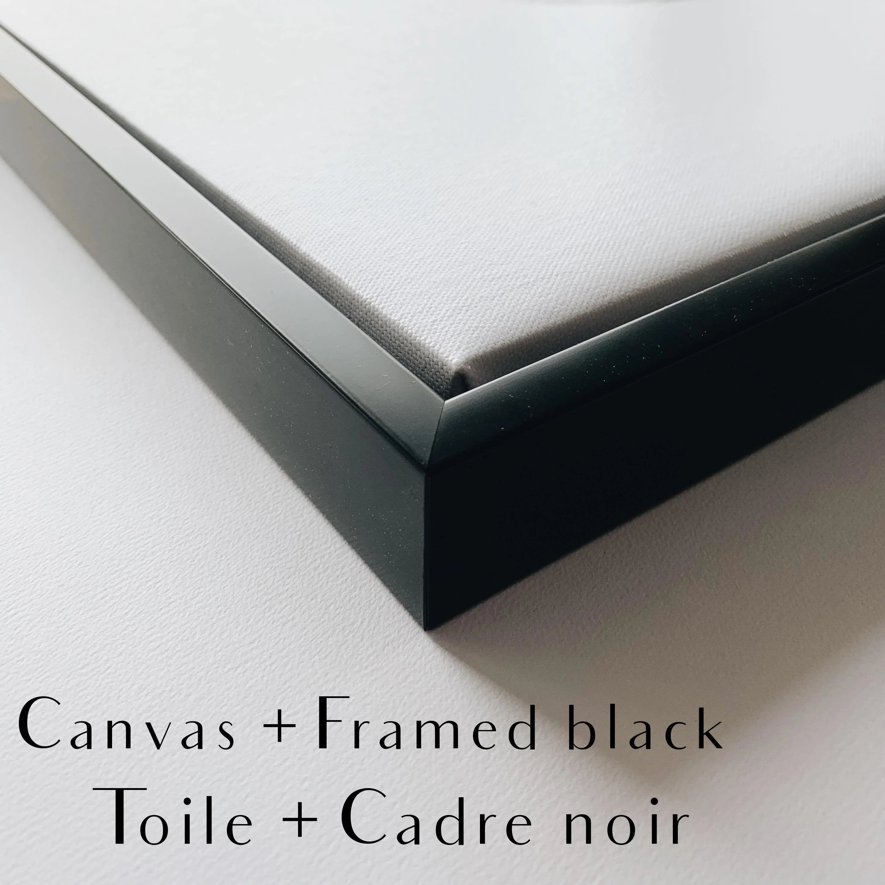 Close-up of canvas art with sleek black frame, modern minimalist wall decor.