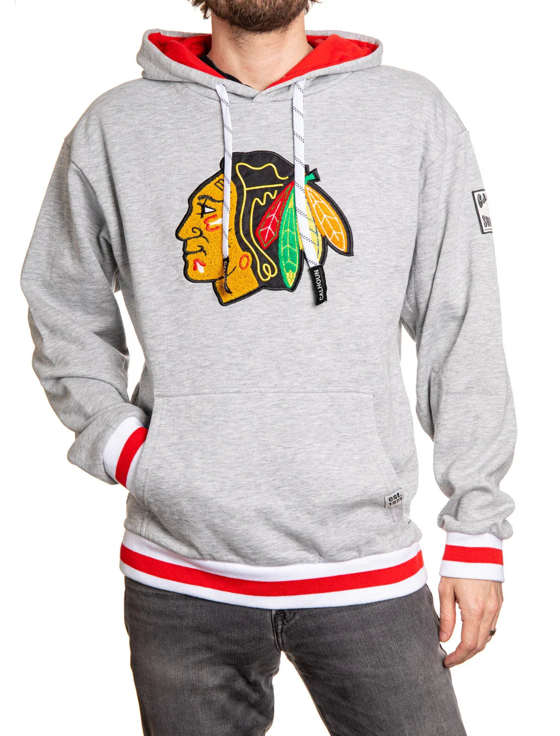 Grey Chicago hockey logo chenille hoodie with red hood lining and white drawstrings