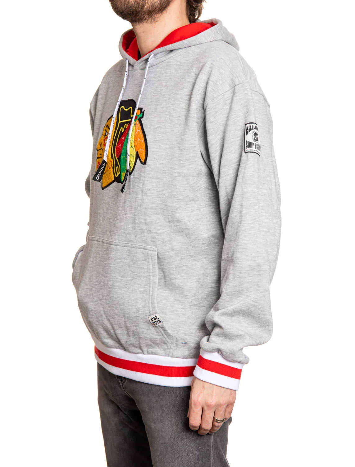 Gray Chicago chenille hoodie with red stripes and embroidered Native American logo