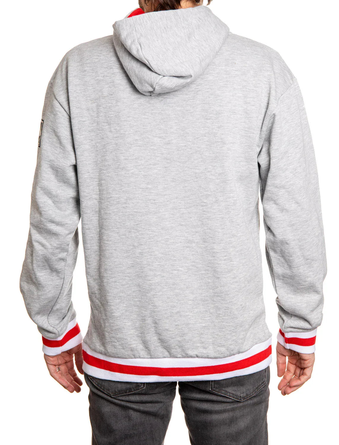 Back view of grey Detroit chenille hoodie with red and white trim, casual streetwear