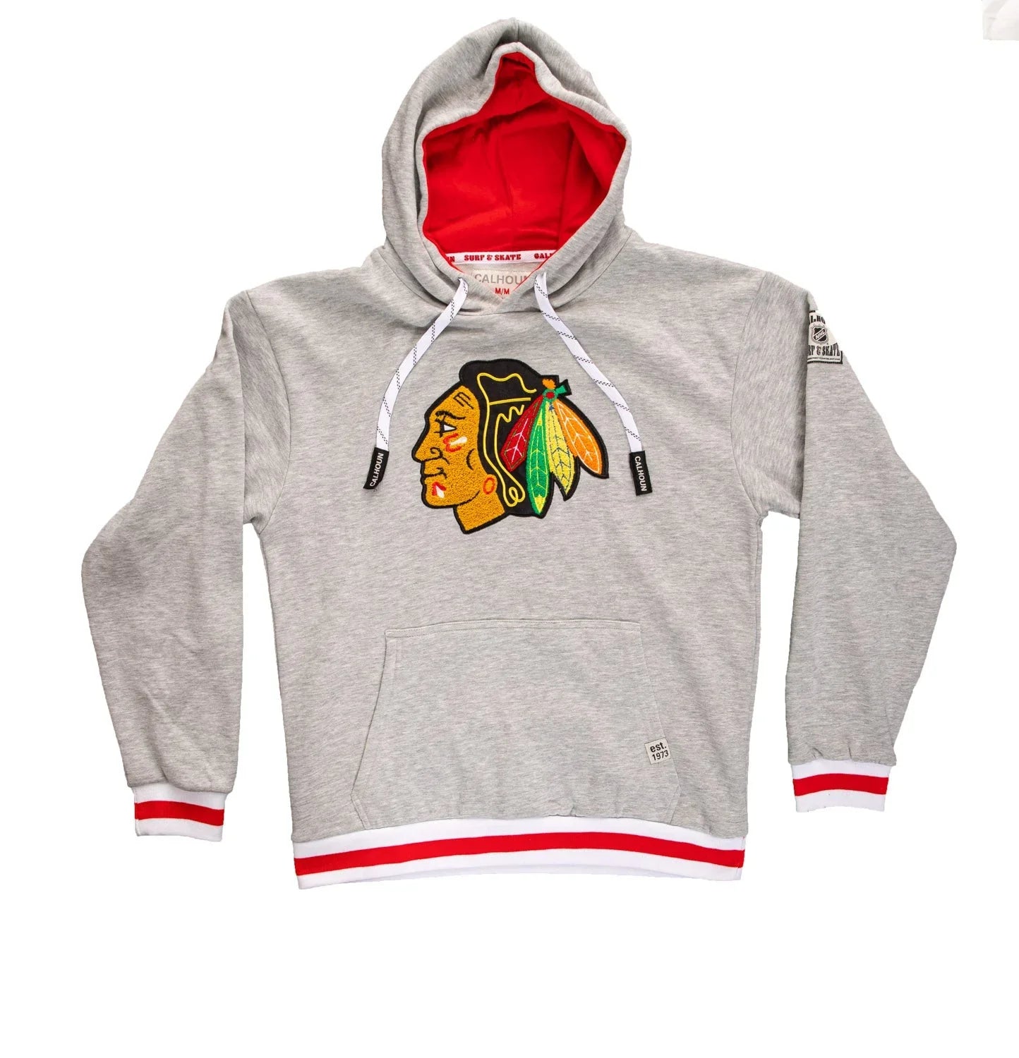 Gray Chicago Blackhawks logo hoodie with red interior and striped cuffs on white background