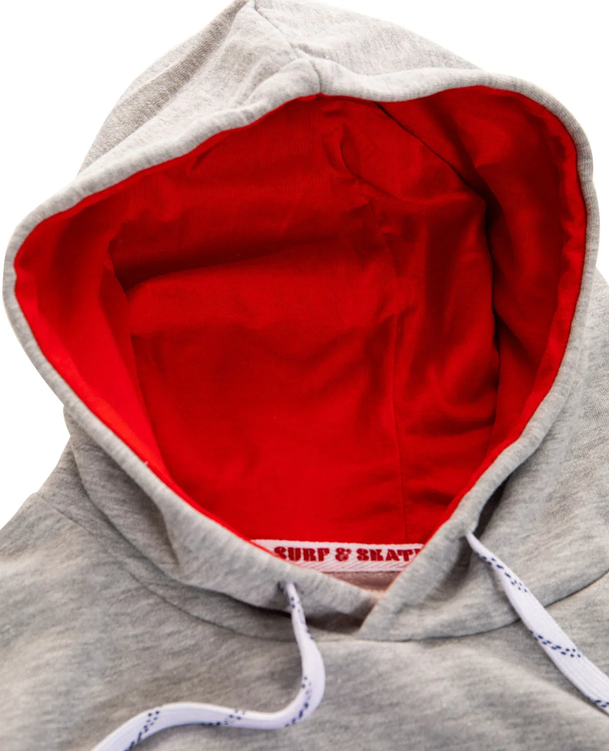 Light grey hoodie with bright red hood lining and white drawstrings, close-up view