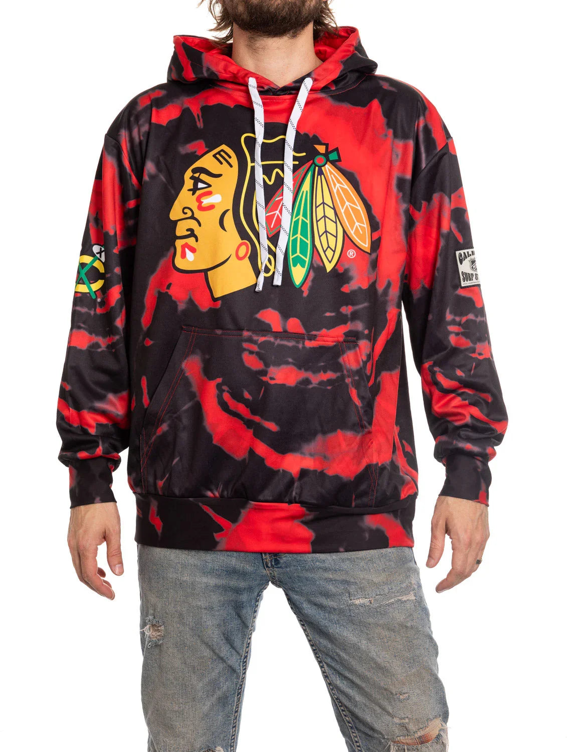 Chicago Blackhawks sublimation hoodie with red and black tie-dye pattern, person wearing it