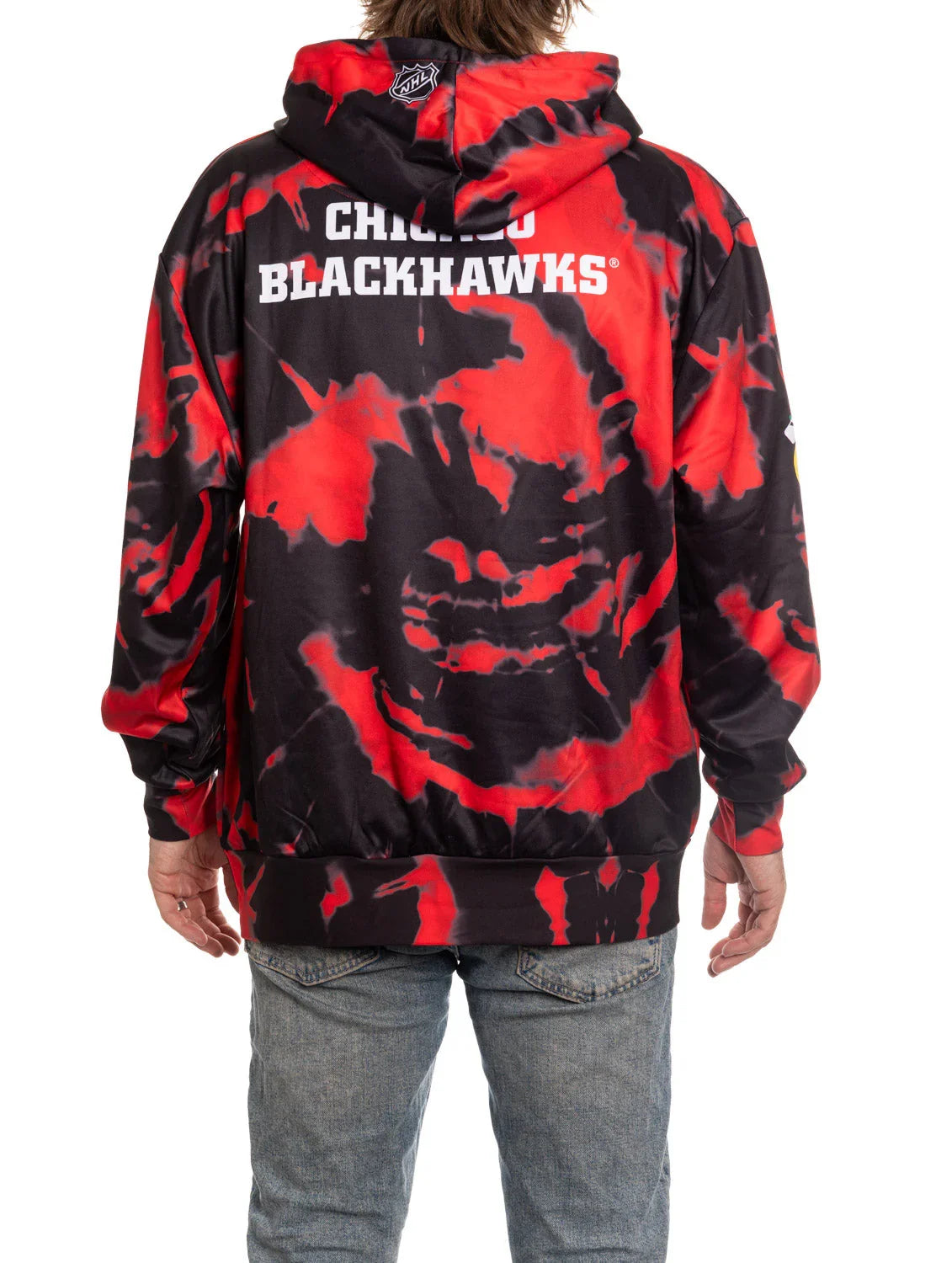 Chicago Blackhawks red and black tie-dye sublimation hoodie back view