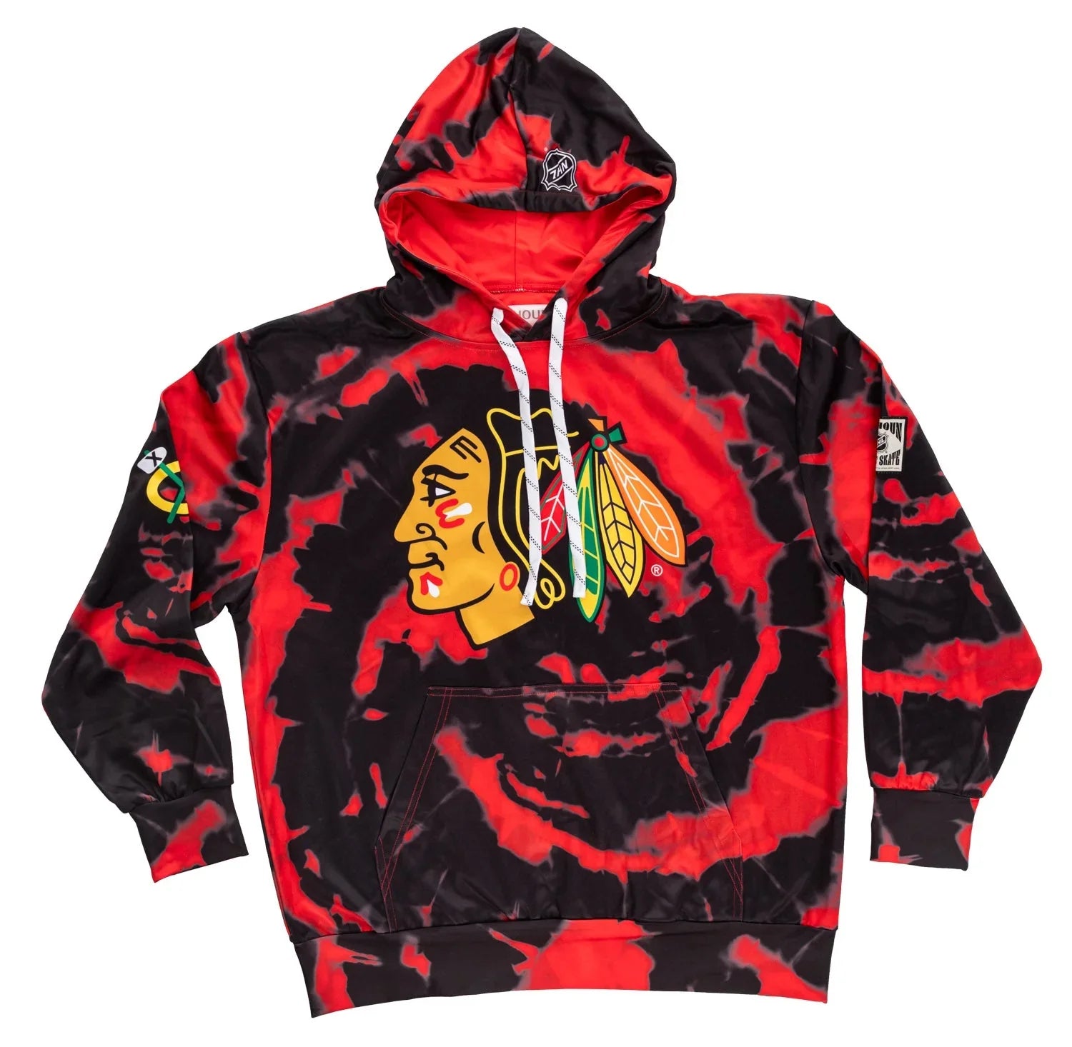 Red and black tie-dye Chicago hockey logo hoodie with front pocket and drawstring hood