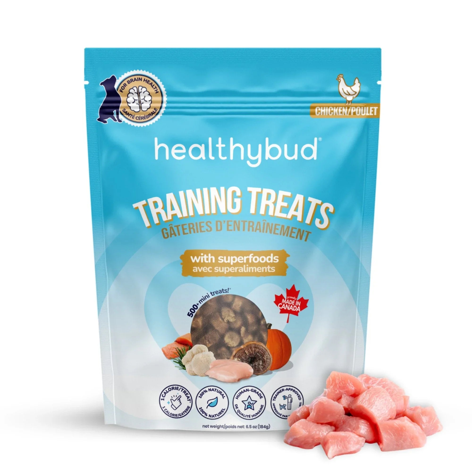 Healthybud chicken mini training treats bag with raw chicken pieces in front