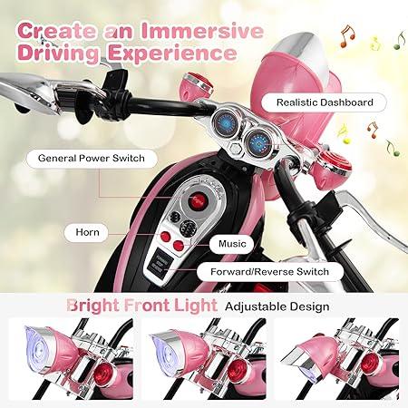 Pink kids ride-on scooter with labeled dashboard, bright front light, and music control features