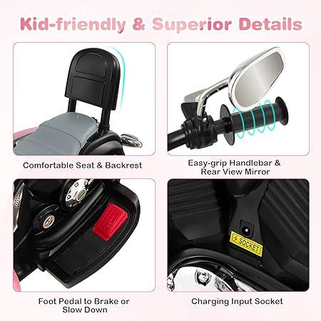 Kid-friendly ride-on toy scooter features comfortable seat, handlebar mirror, brake pedal, charging socket