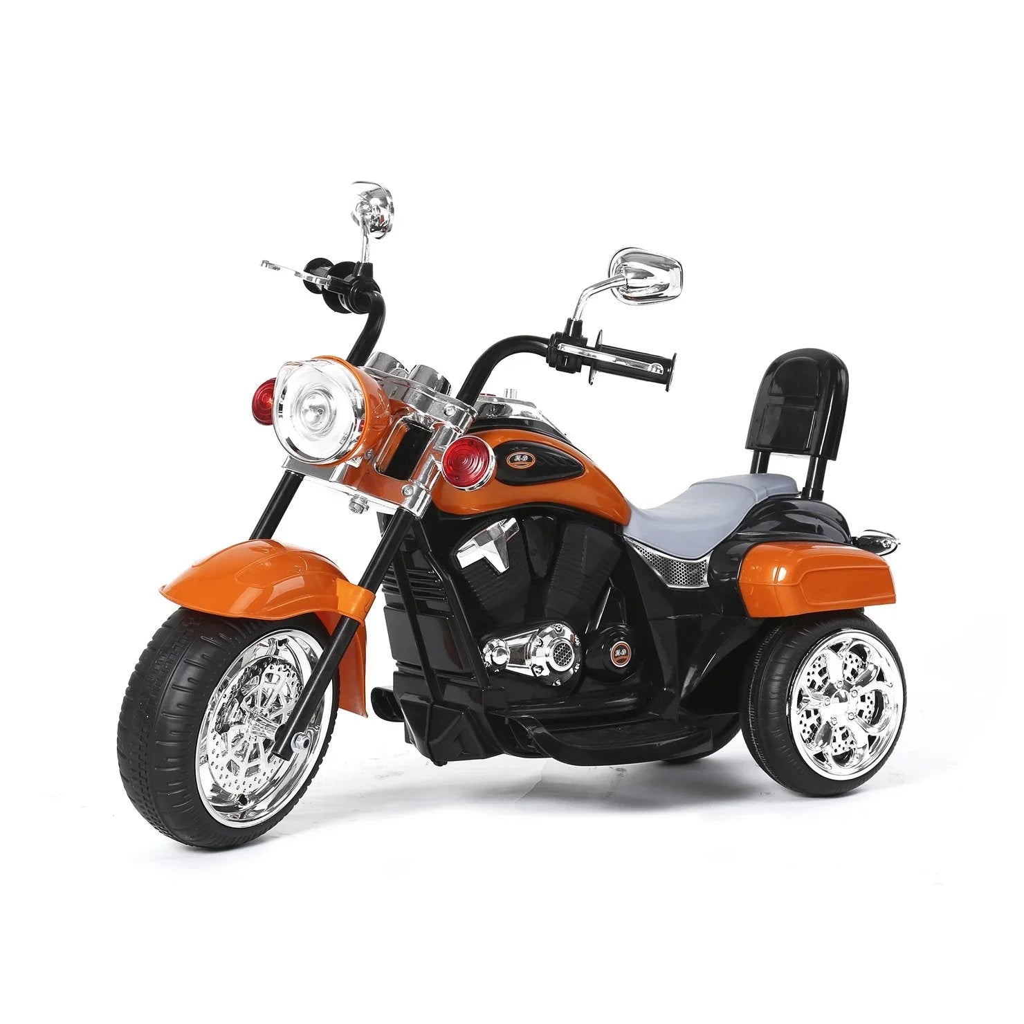 Orange and black kids electric ride-on motorcycle with chrome wheels on a white background