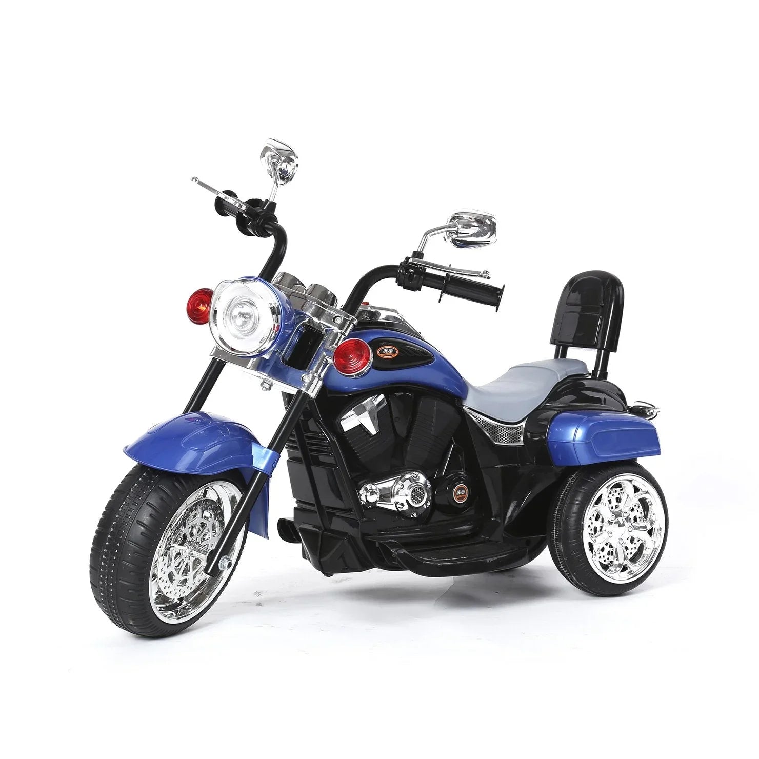 Blue kids electric ride-on trike motorcycle toy with chrome wheels on white background