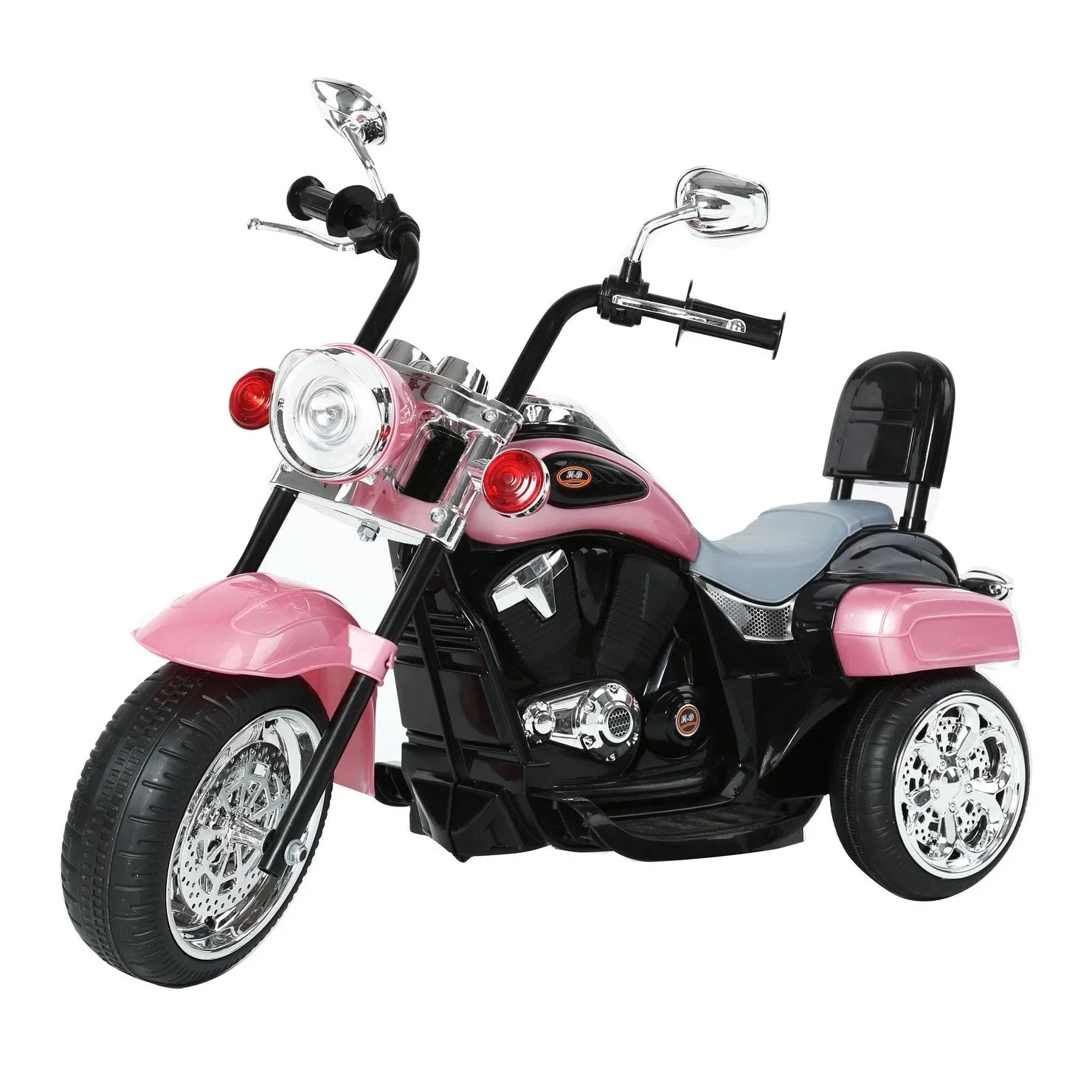 Pink and black kids ride-on electric motorcycle with three wheels and chrome details