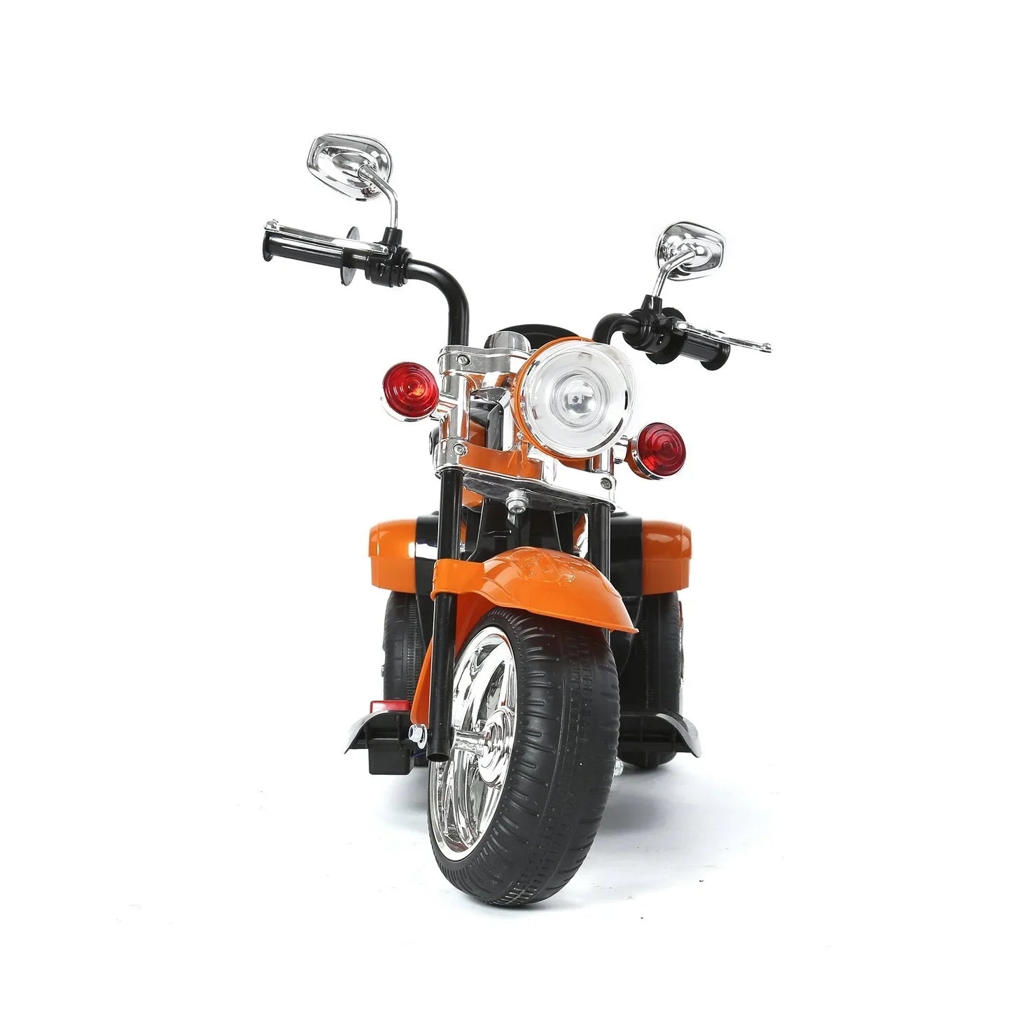 Front view of orange kids ride-on electric motorcycle trike with chrome details on white background