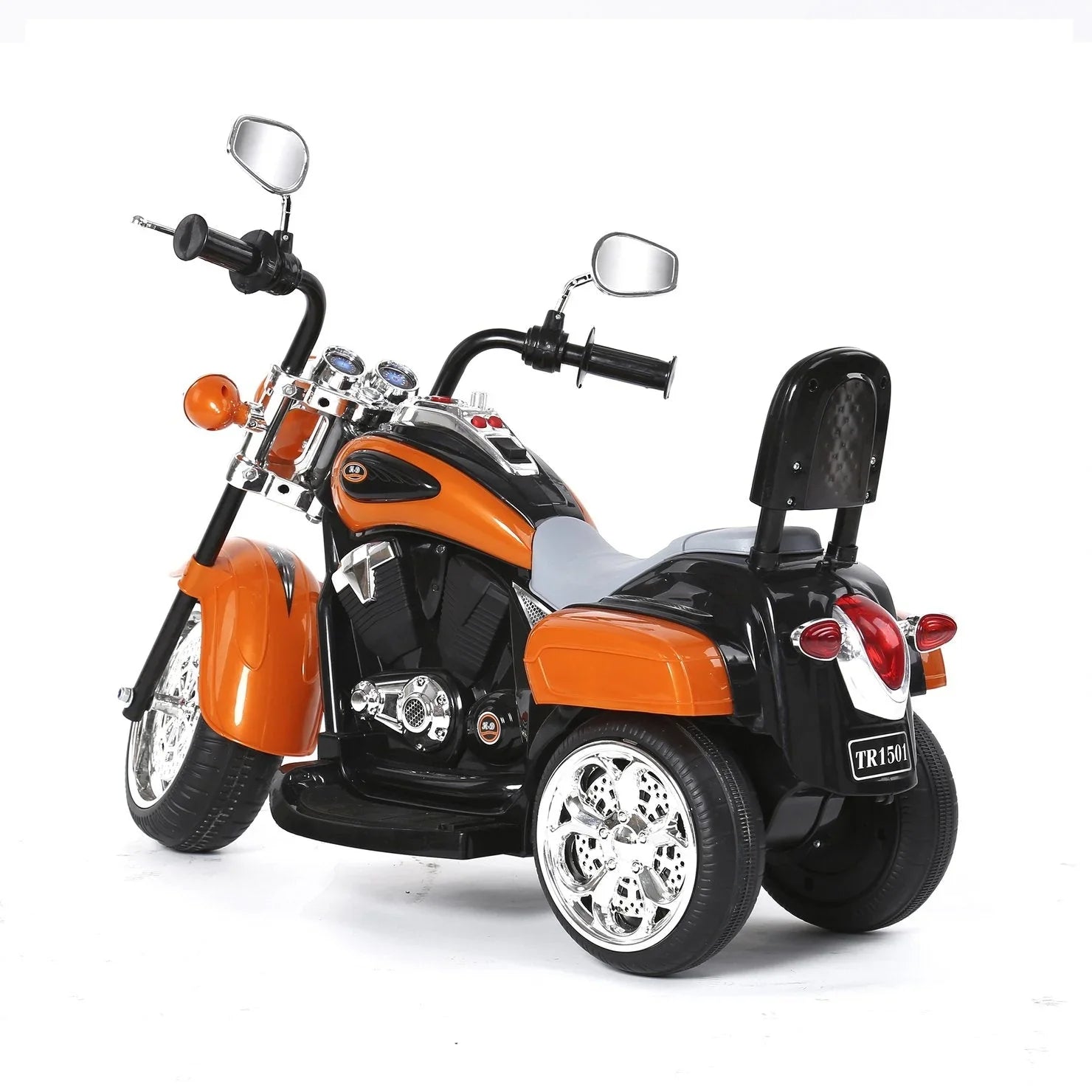 Orange and black kids electric ride-on trike motorcycle with chrome wheels on white background