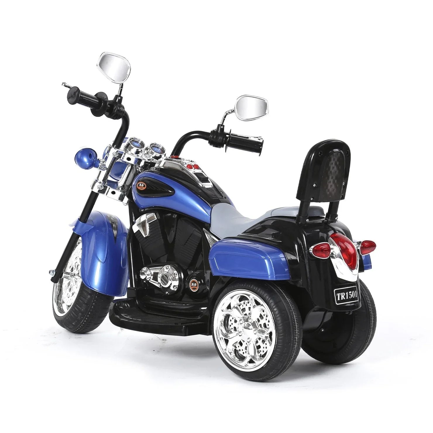 Blue and black electric kids trike motorcycle toy with chrome wheels on white background