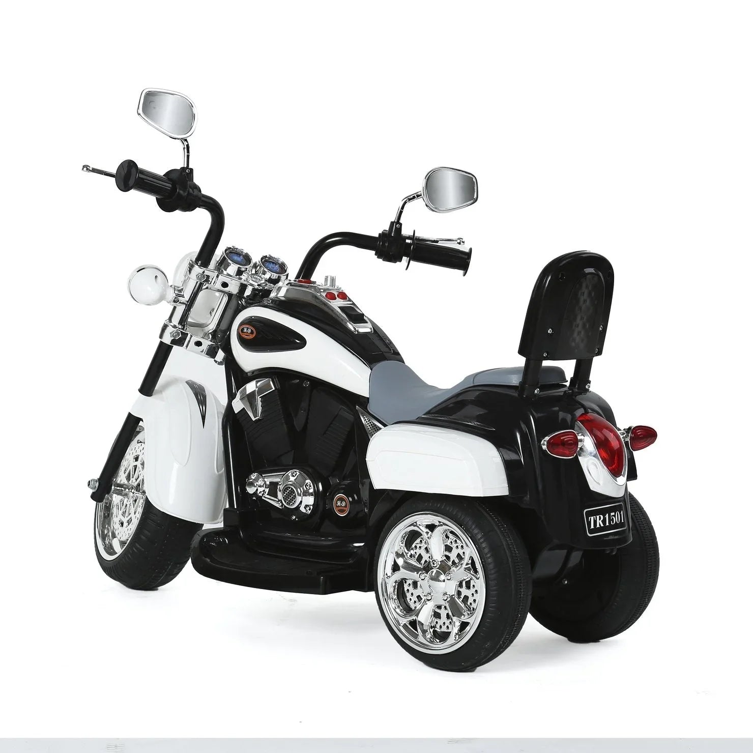 Black and white kids ride-on three wheel motorcycle toy with chrome wheels and mirrors