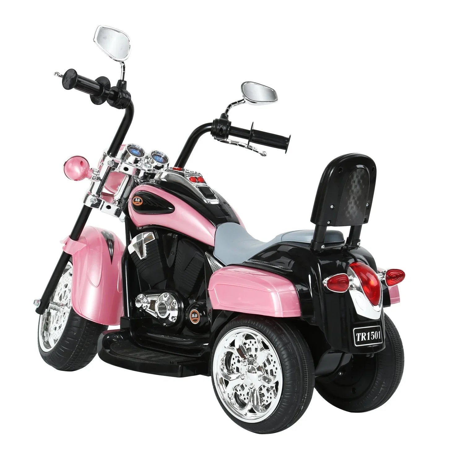 Kid's pink and black electric ride-on tricycle motorcycle with chrome wheels