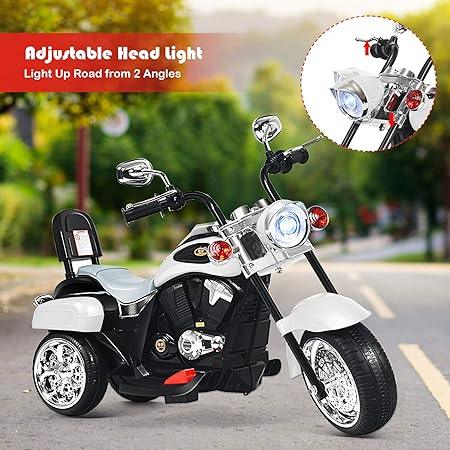 Kids electric ride-on motorcycle with adjustable headlight, white, on a paved road
