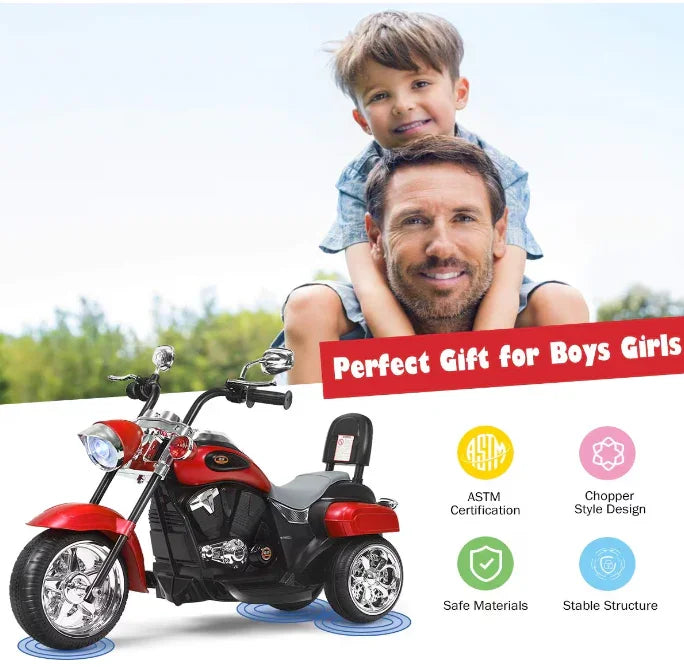 Father and son outdoors with red kids ride-on chopper motorcycle toy, gift for boys and girls