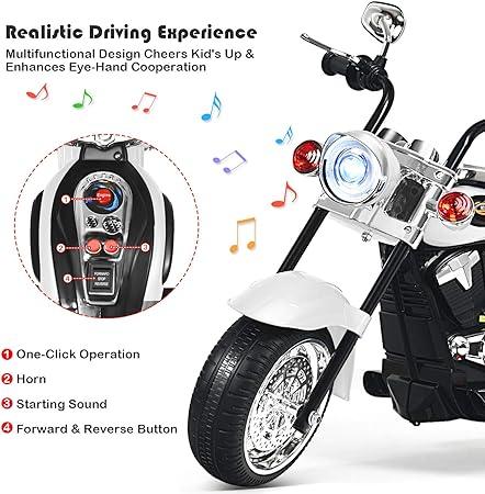 Kids electric ride-on motorcycle with working lights, sound buttons, and forward reverse functions