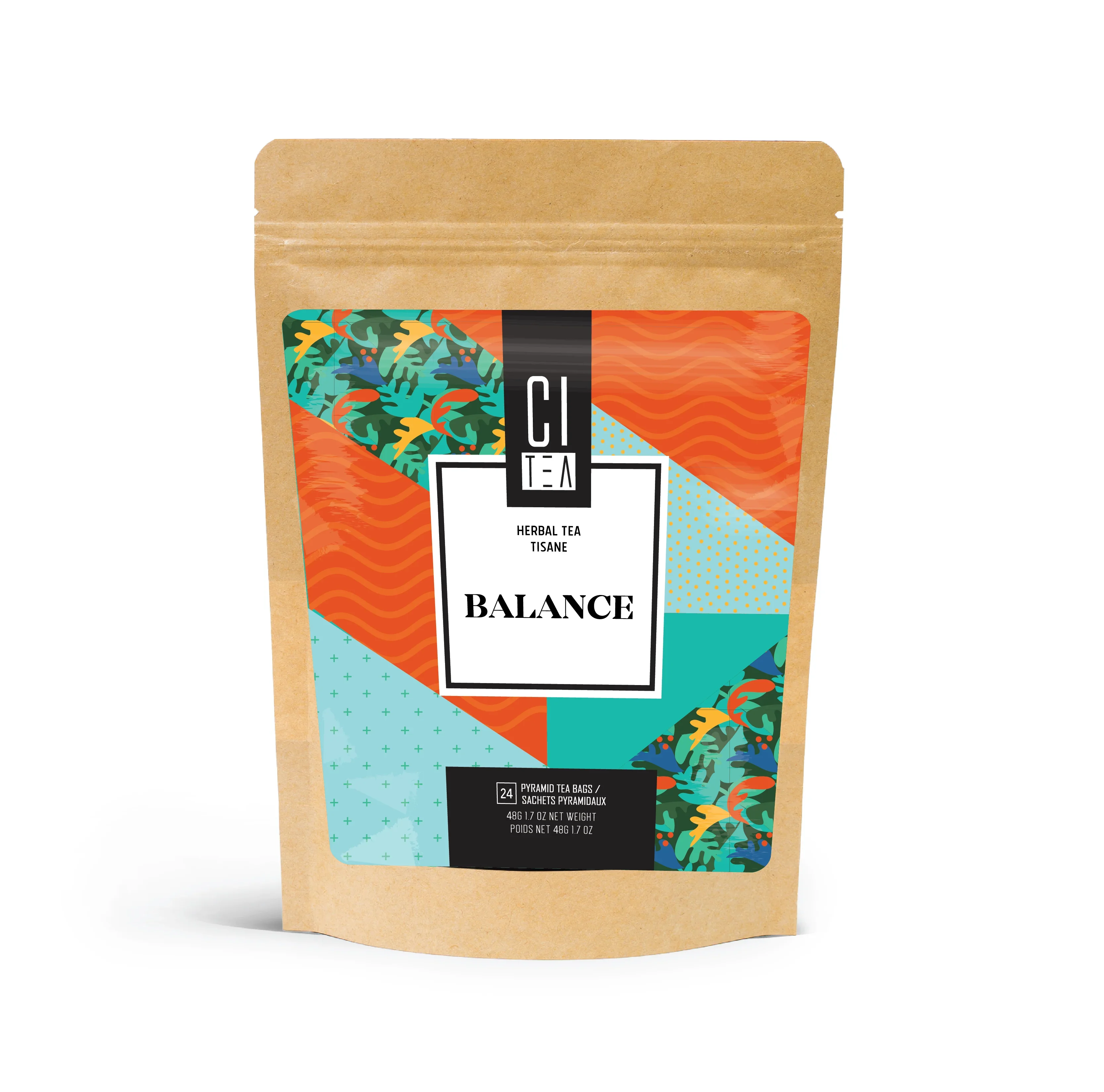 Brown stand-up pouch of Balance herbal tea with colorful geometric and leaf pattern design.